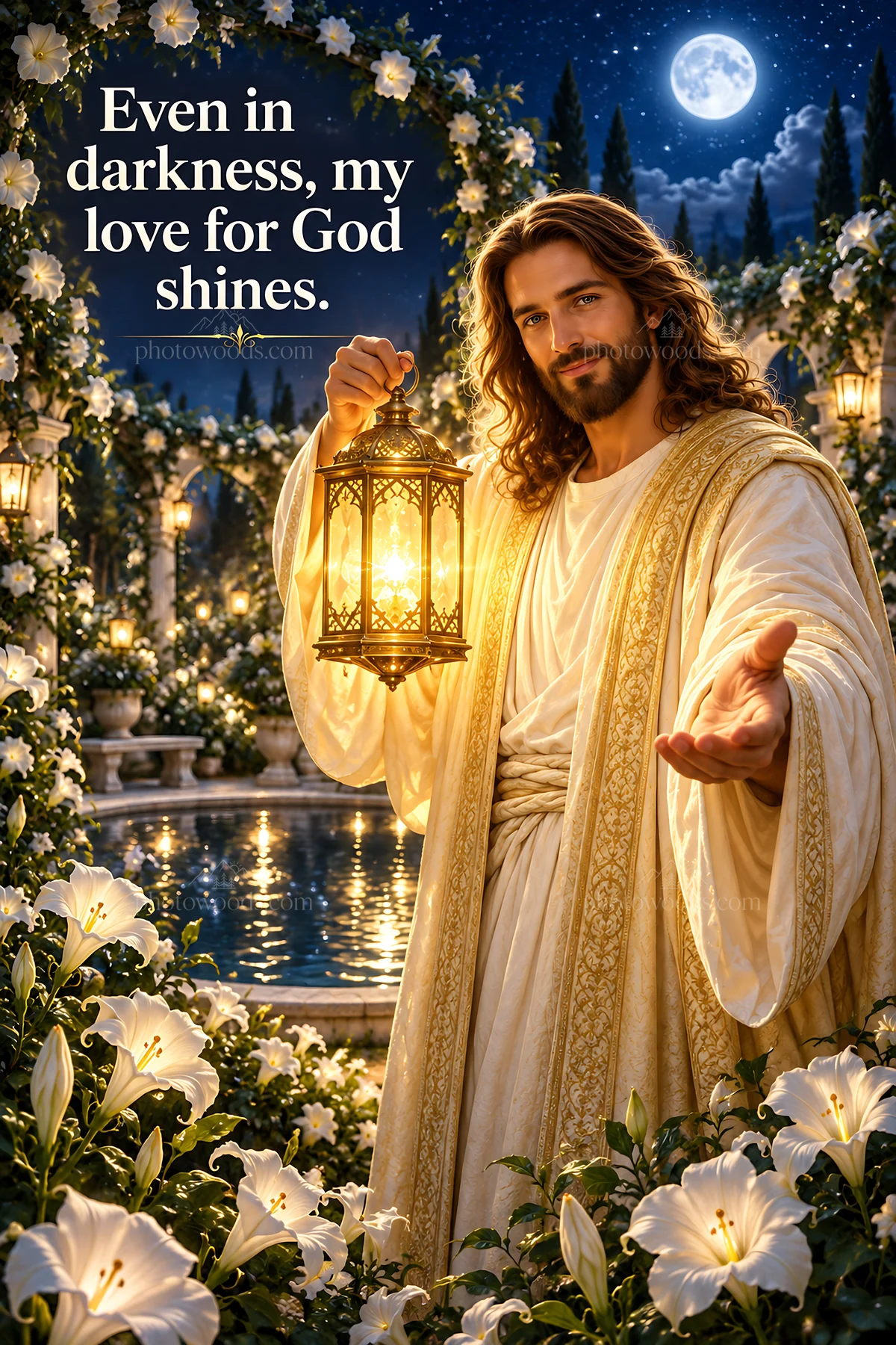 Jesus Christ welcoming with a lantern in a garden scene - AI-generated stock image