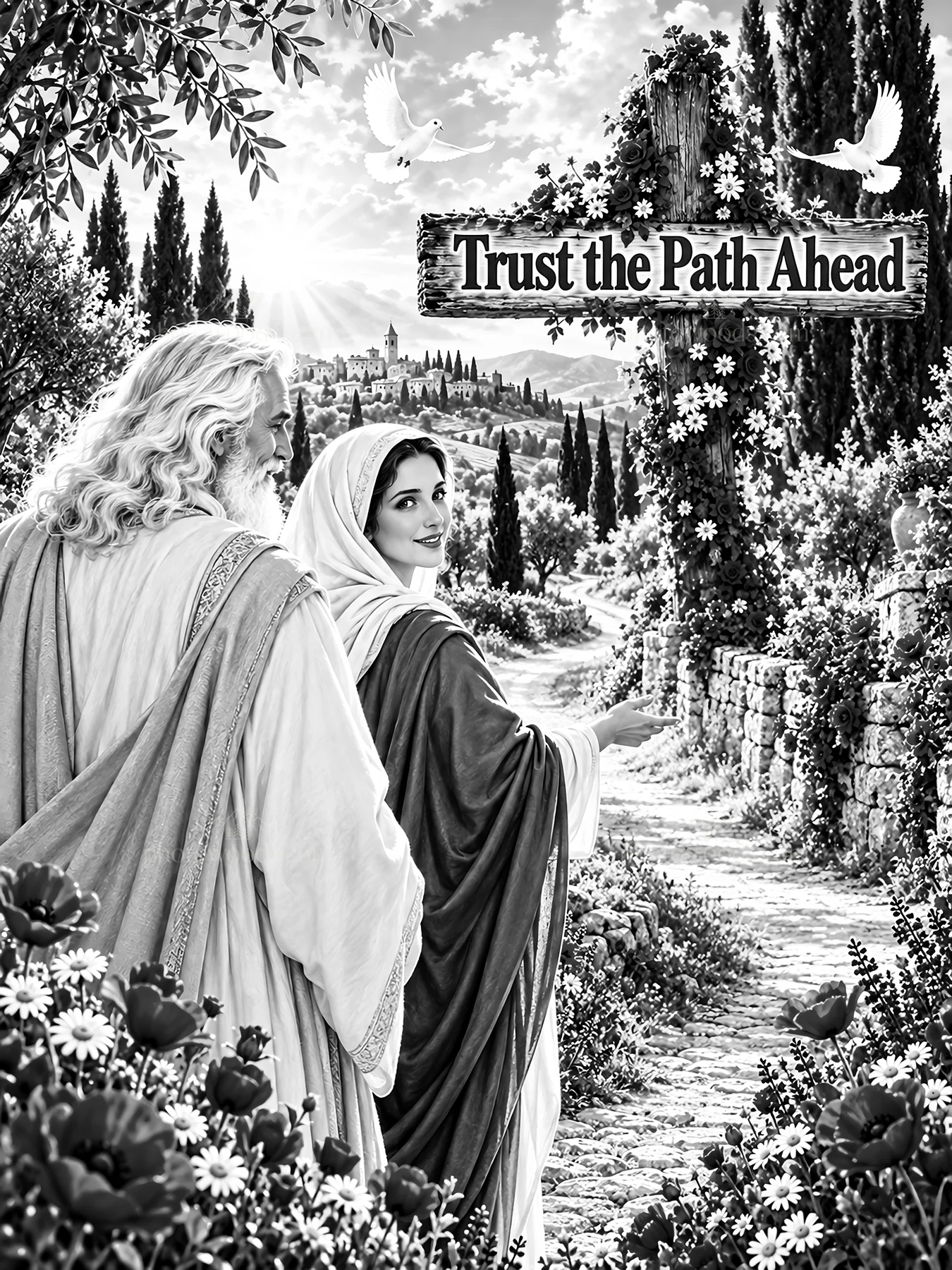 Jesus Christ walking with a woman on a scenic path - AI-generated stock image