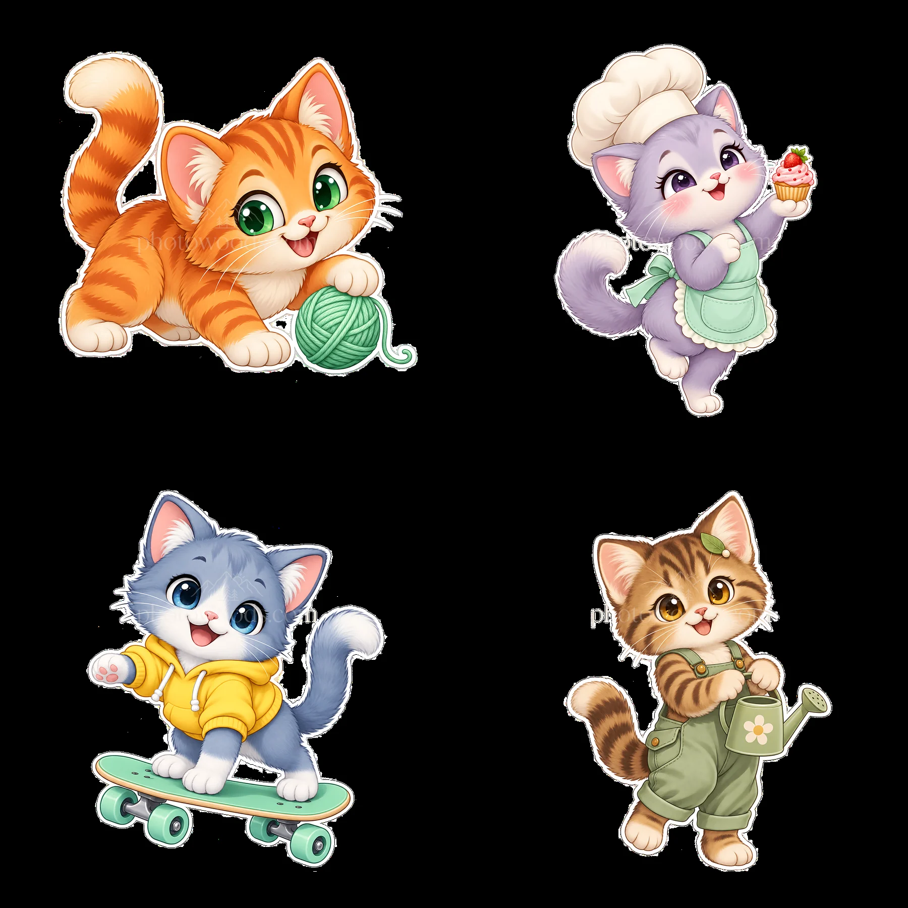 Cute kawaii cats with unique hobbies in a 2x2 layout - AI-generated stock image