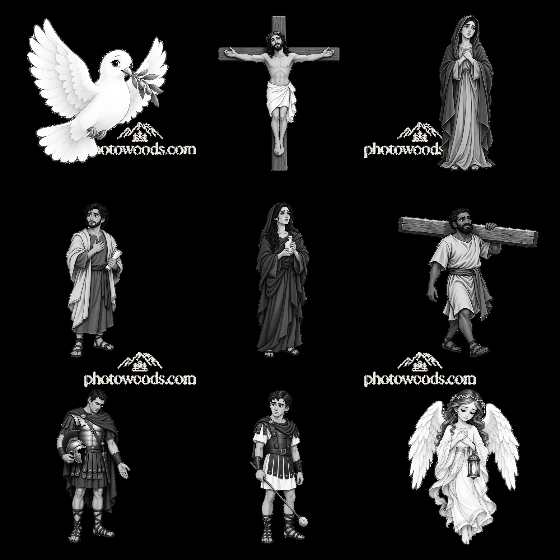 Jesus on the cross with biblical figures in black and white design - AI-generated stock image