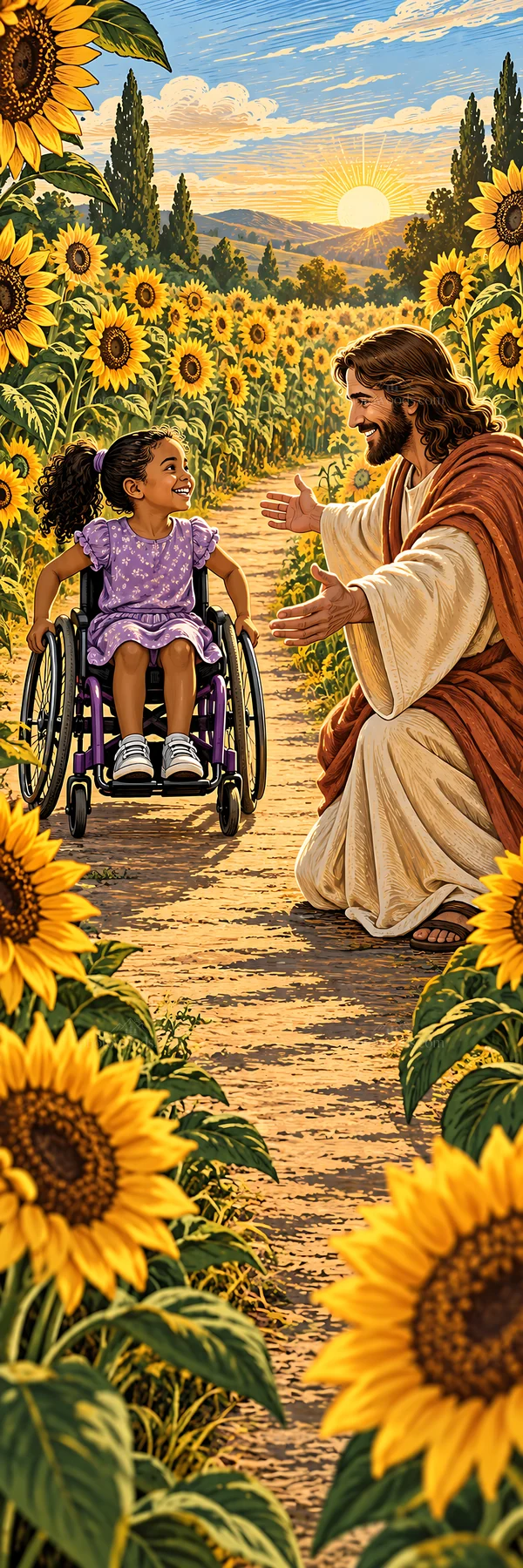 Jesus Christ meeting a girl in a wheelchair among sunflowers - AI-generated stock image