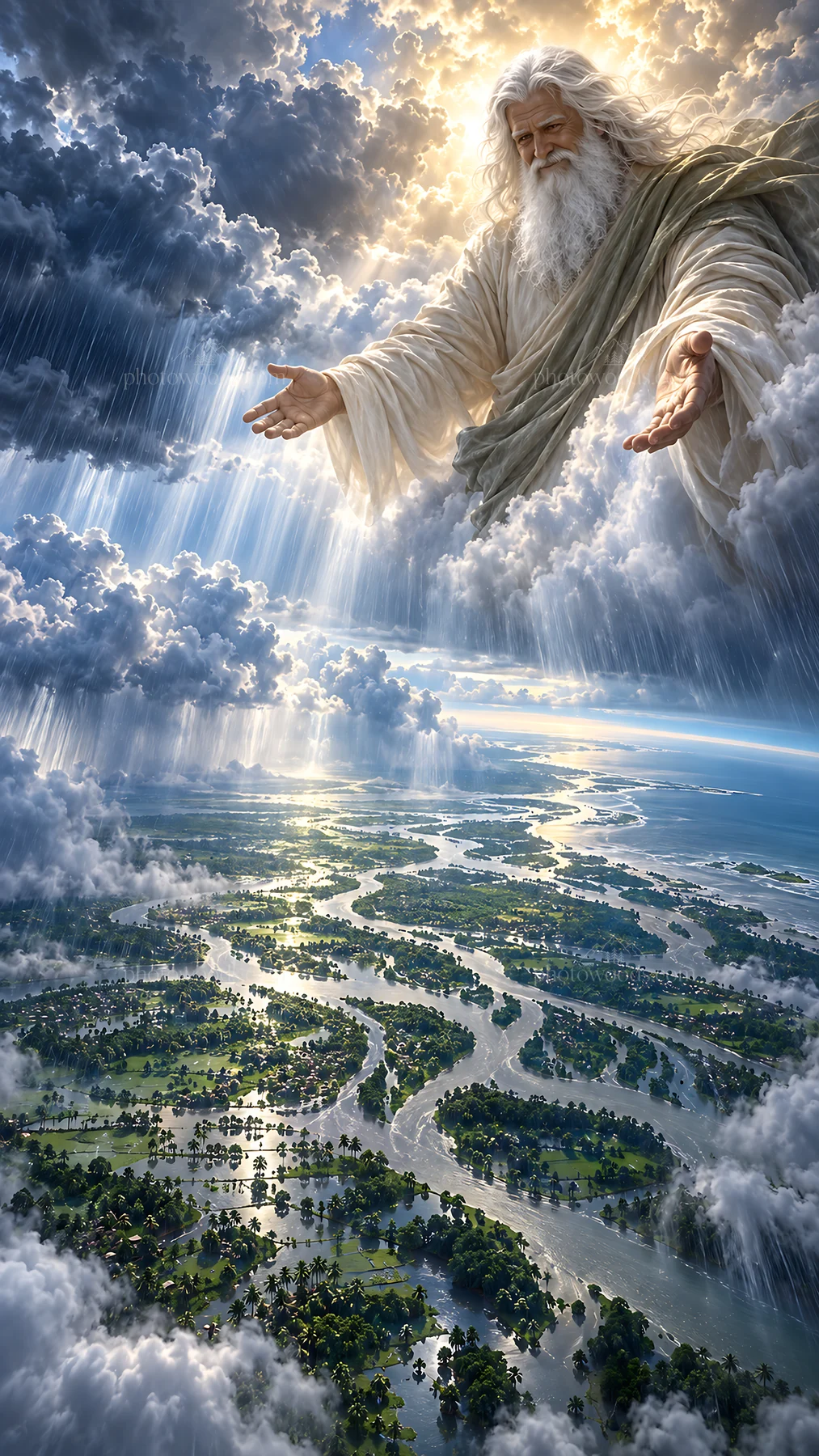 Jesus Christ welcoming the viewer with open arms in the sky - AI-generated stock image