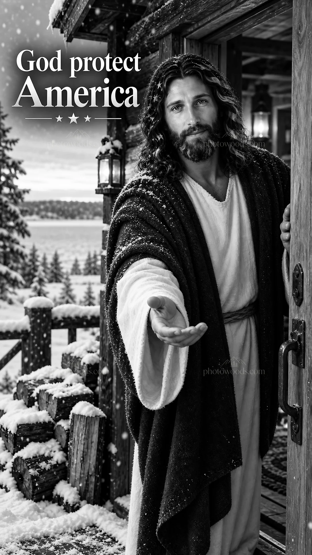 Jesus Christ welcoming visitors in a snowy scene - AI-generated stock image