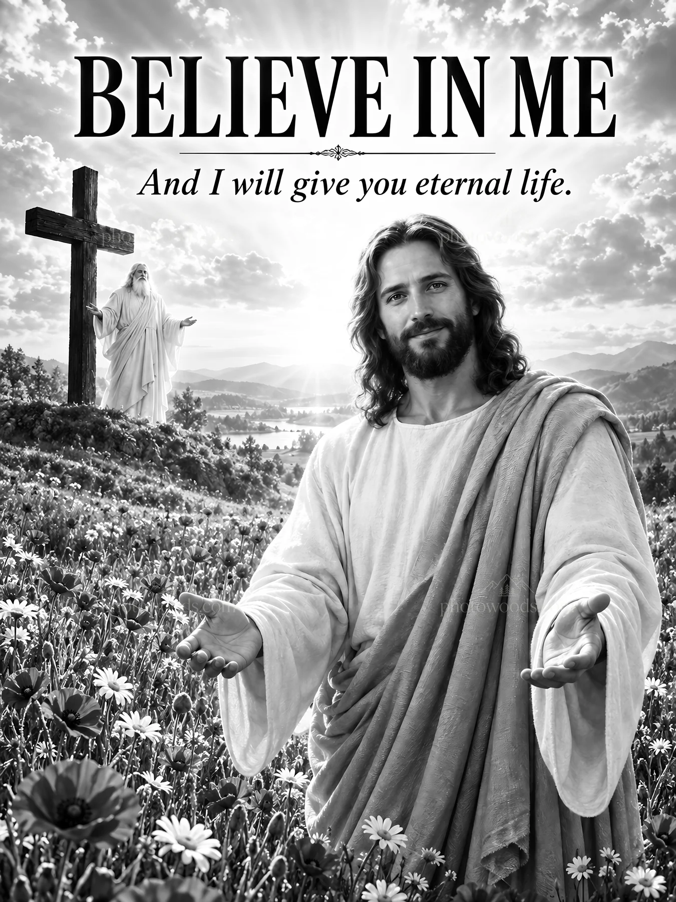Jesus Christ offering eternal life with open arms - AI-generated stock image