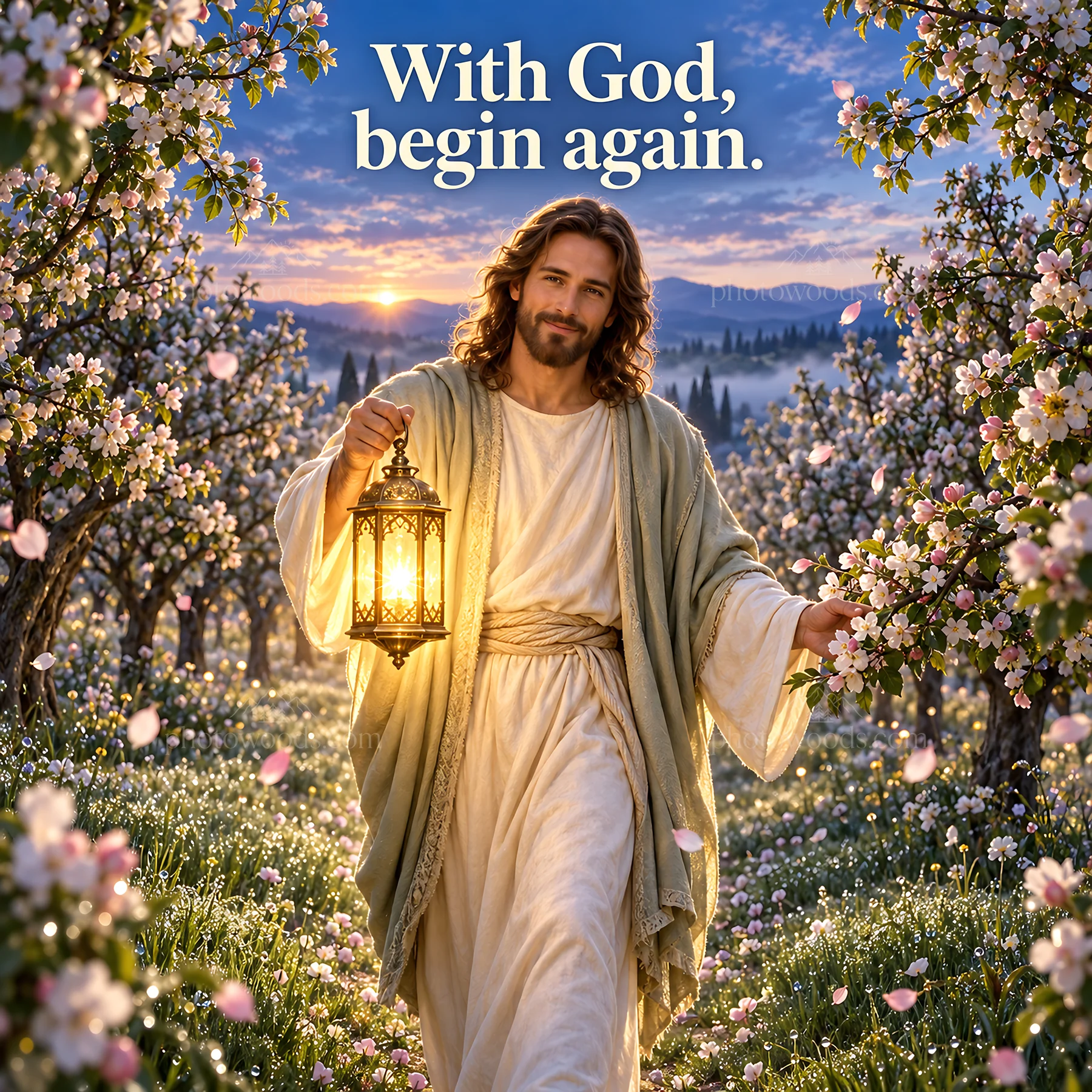Jesus Christ walking in a blooming garden with a lantern - AI-generated stock image