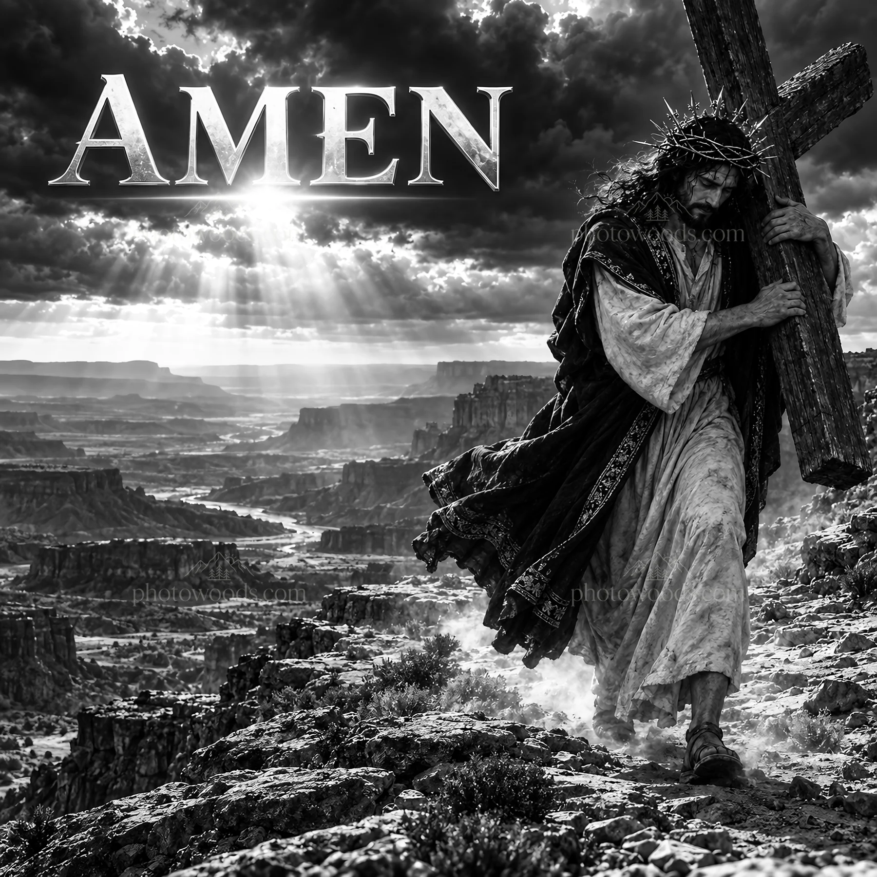 Jesus Christ carrying the cross through a rugged landscape - AI-generated stock image