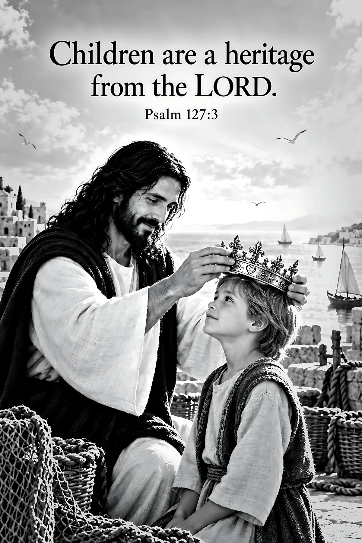 Children receiving love and blessing above the harbor - AI-generated stock image
