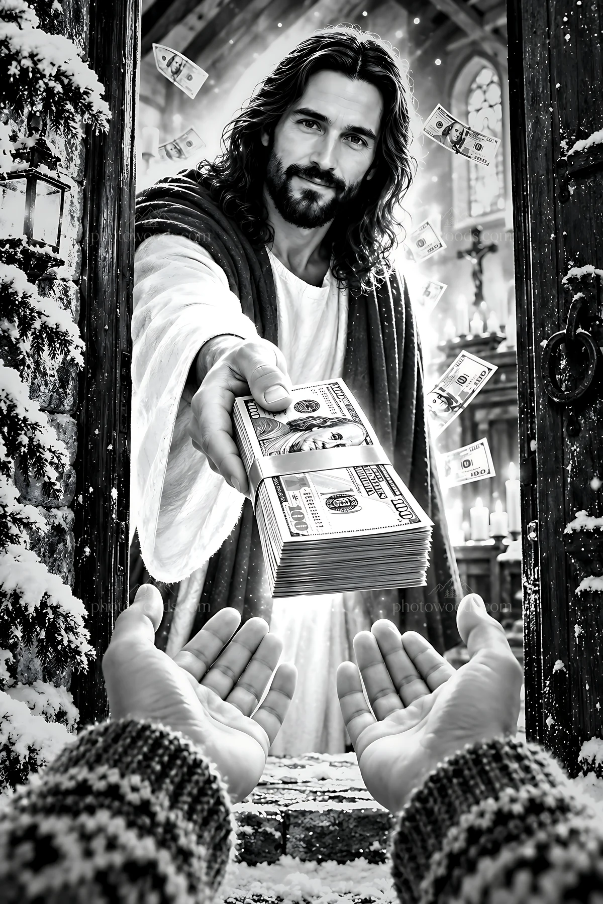 Snowbound chapel with figure giving money at doorway - AI-generated stock image
