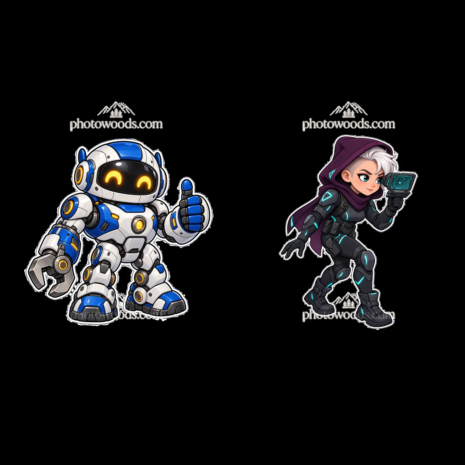 Kawaii futuristic super-soldier robot and hero pair illustration - AI-generated stock image