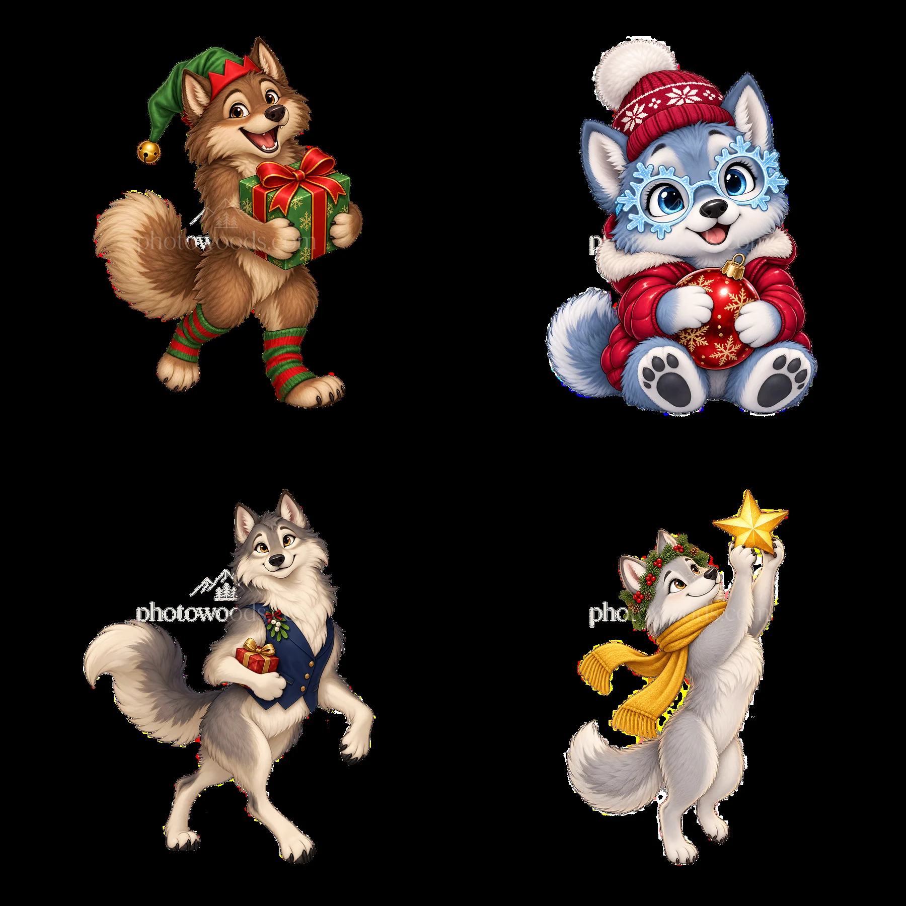 Christmas wolves celebrating with gifts and festive attire - AI-generated stock image