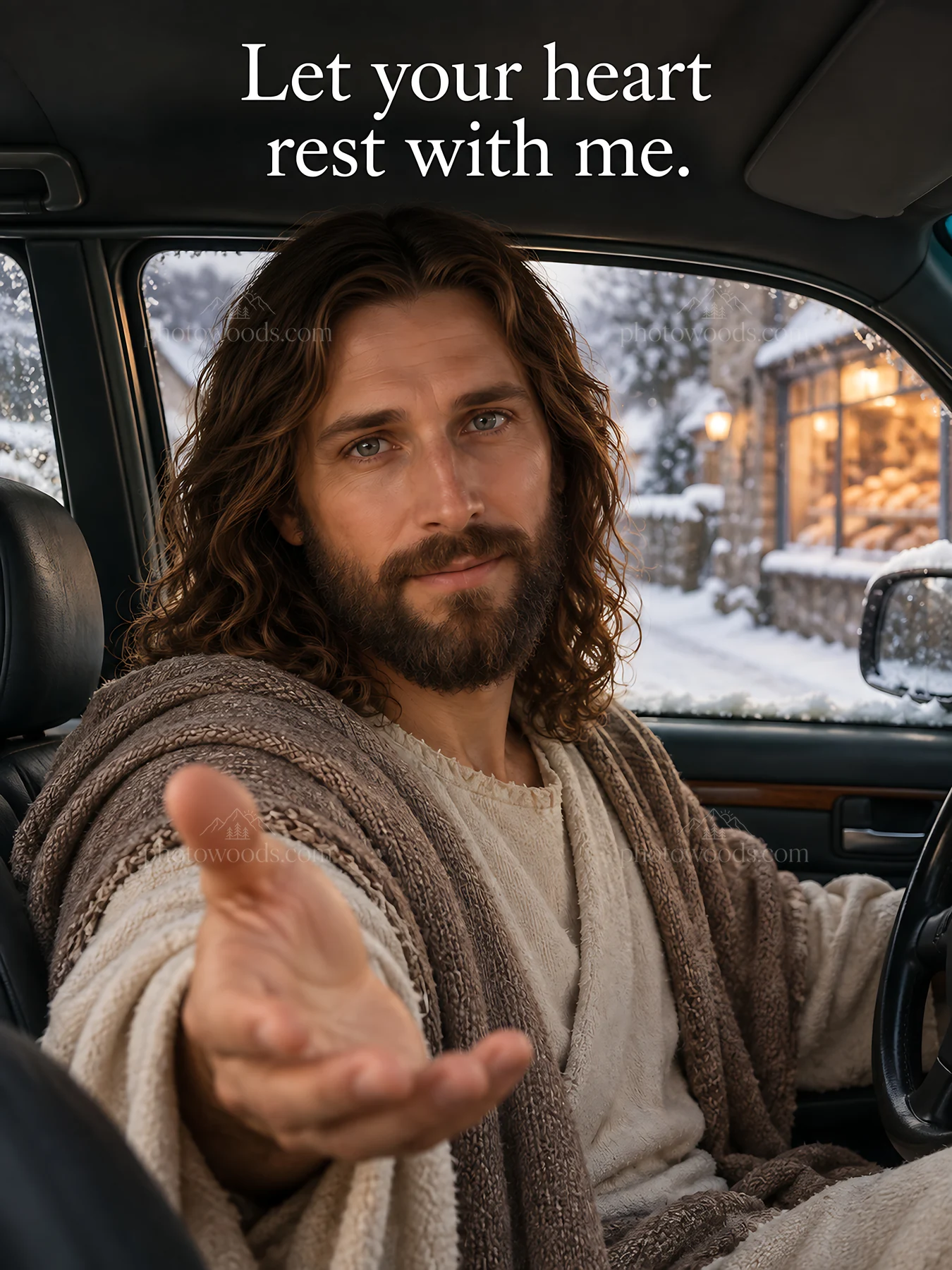 Jesus Christ inviting a listener to find comfort and peace - AI-generated stock image