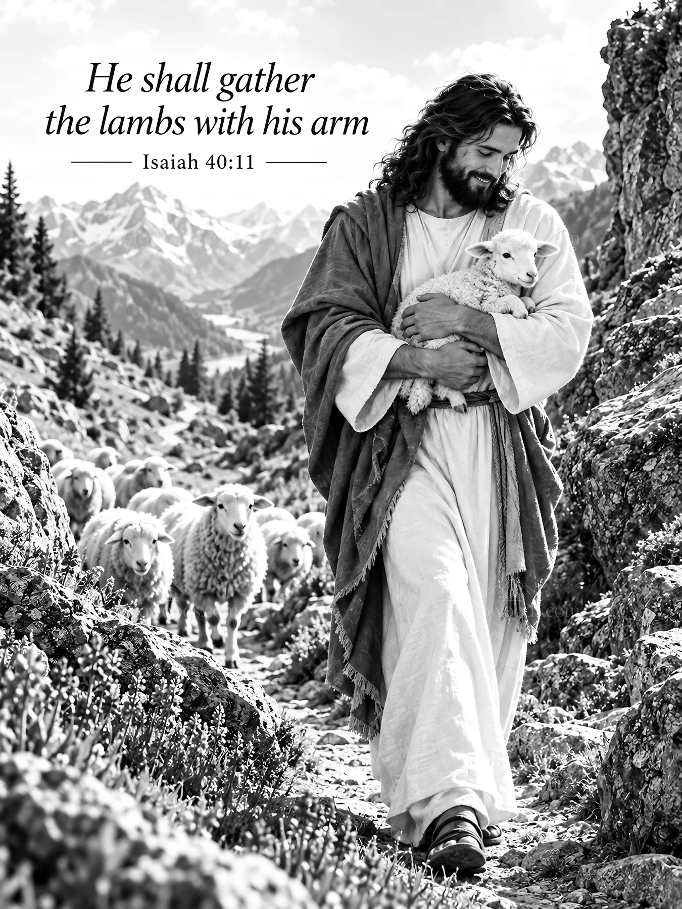 Jesus Christ carrying a lamb and walking among sheep - AI-generated stock image