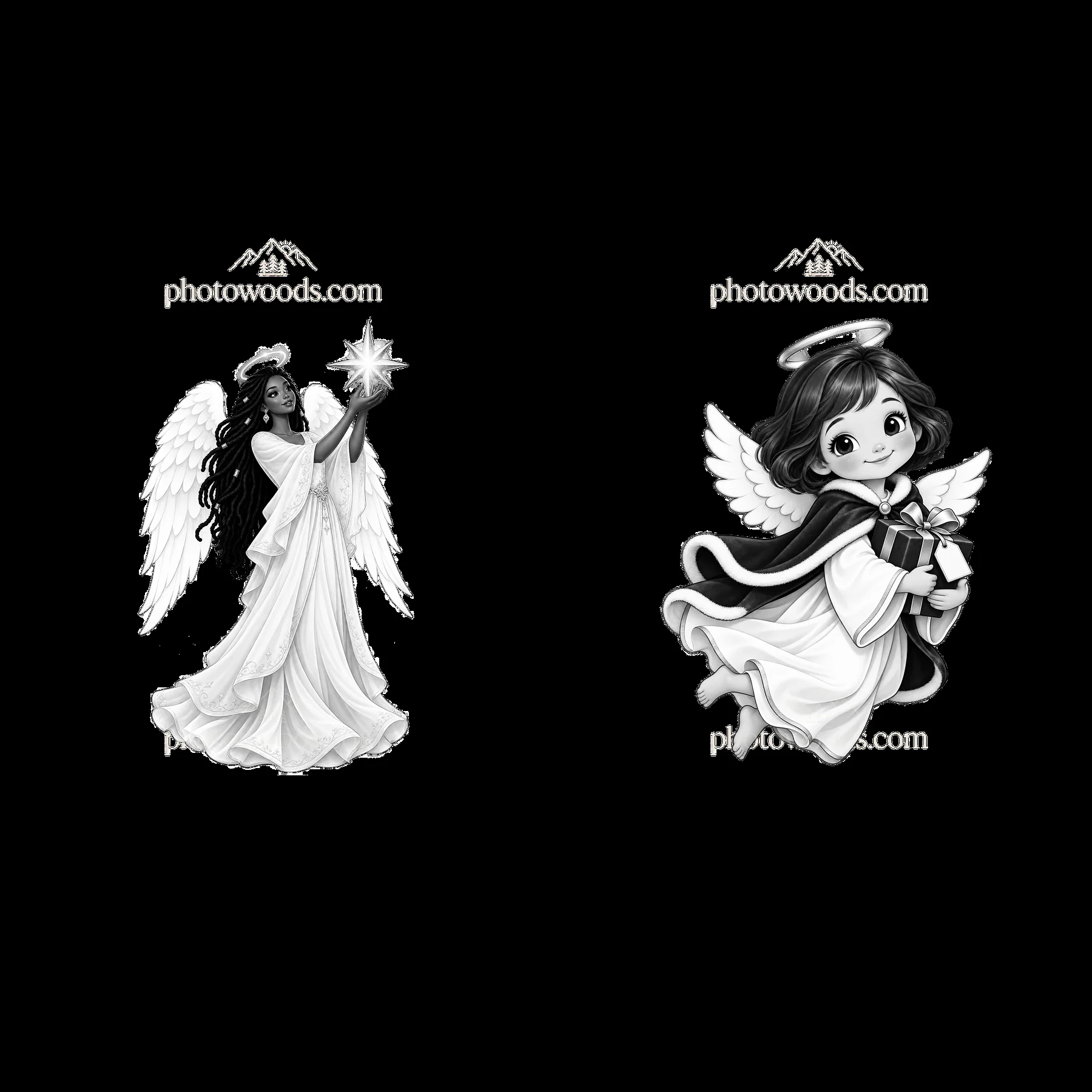 Cartoon Christmas angels holding a star and a gift - AI-generated stock image