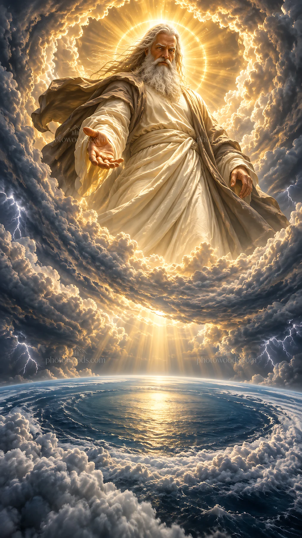 Jesus Christ welcomes the viewer from the heavens - AI-generated stock image
