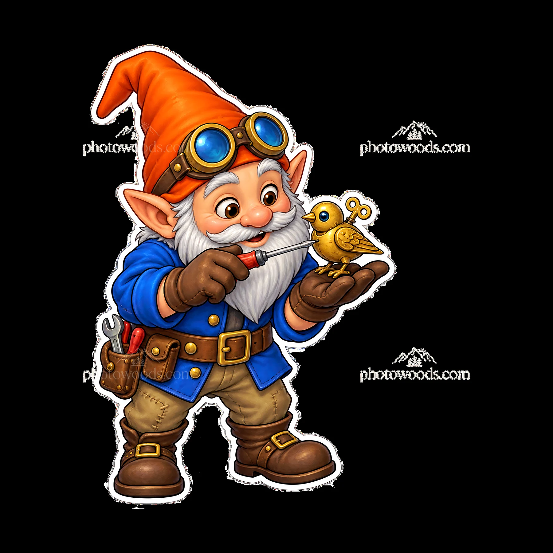 Gnome with orange hat and bird toy in hands - AI-generated stock image