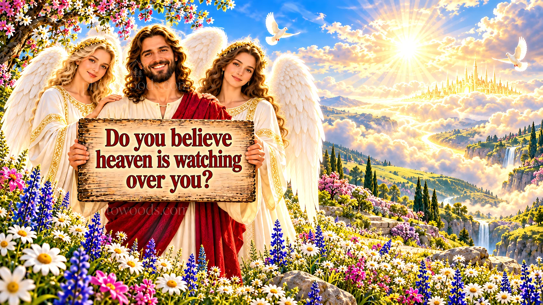Jesus Christ with angels in a heavenly landscape - AI-generated stock image