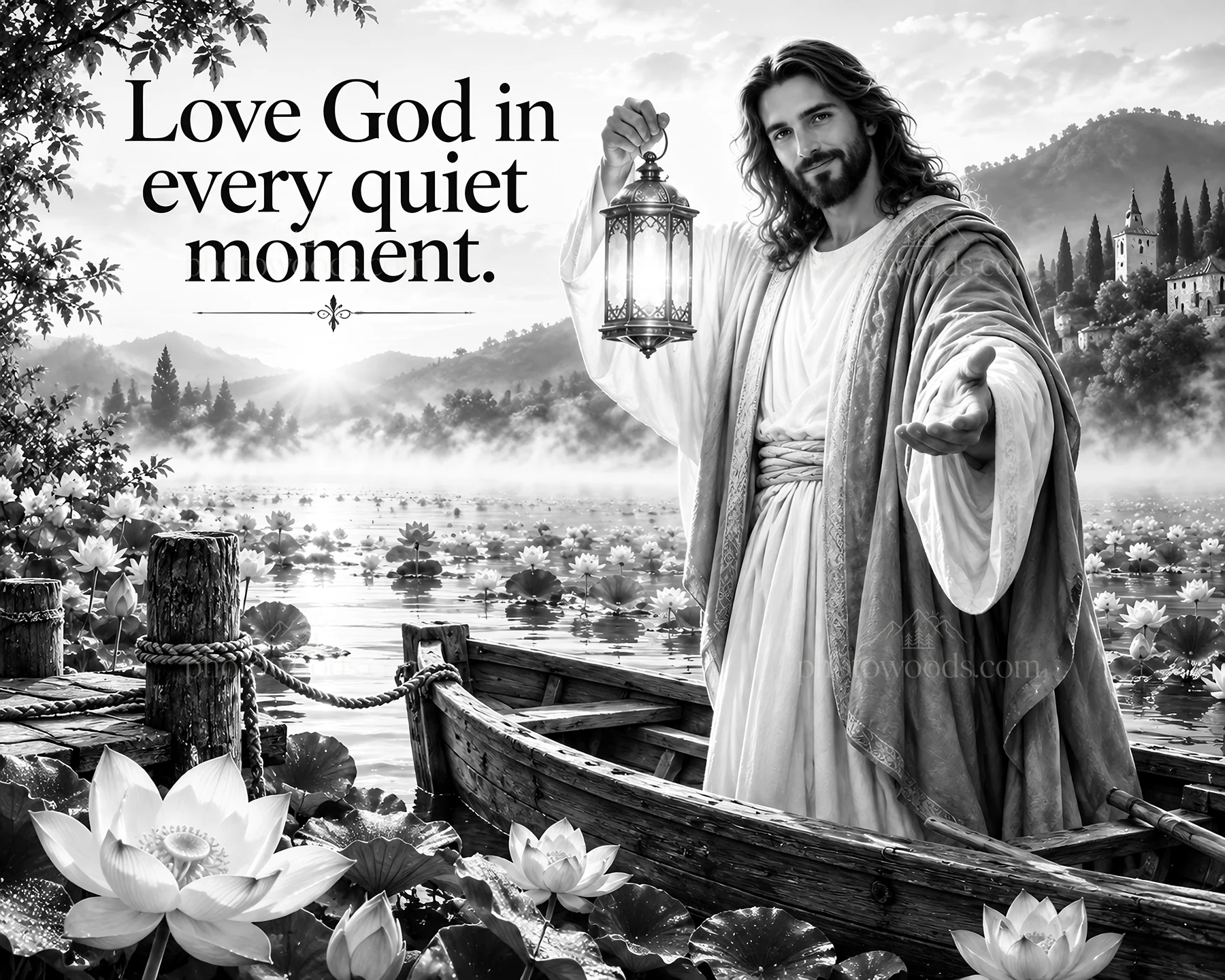 Jesus Christ sharing love with a lantern by the water - AI-generated stock image