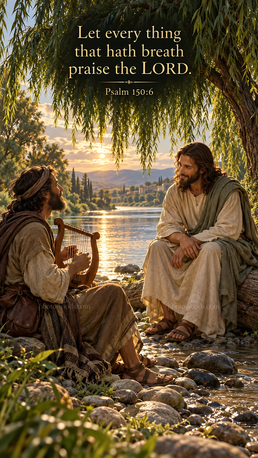 Jesus Christ teaching by the river to a man with a lyre - AI-generated stock image