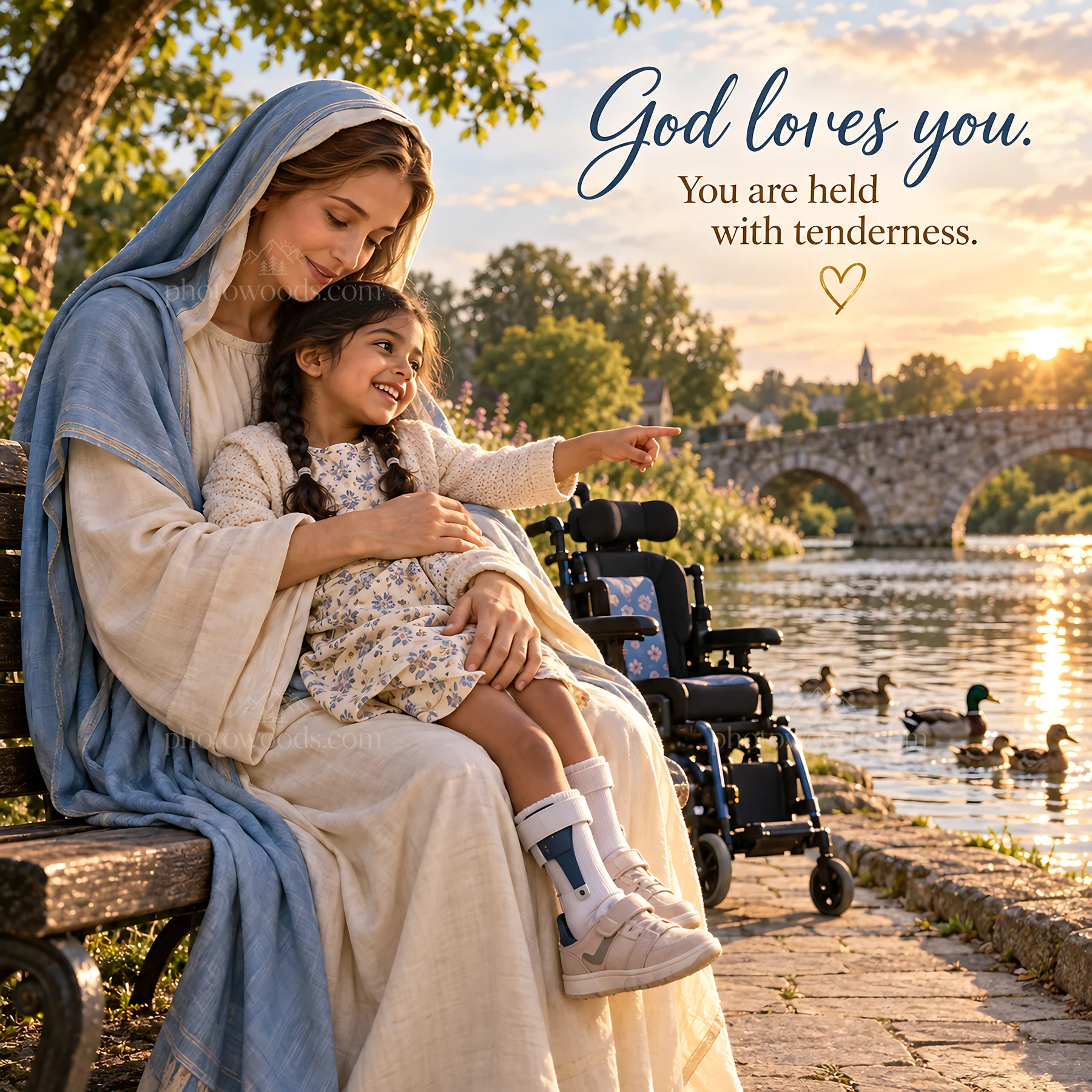 Jesus Christ comforts a child by the water - AI-generated stock image