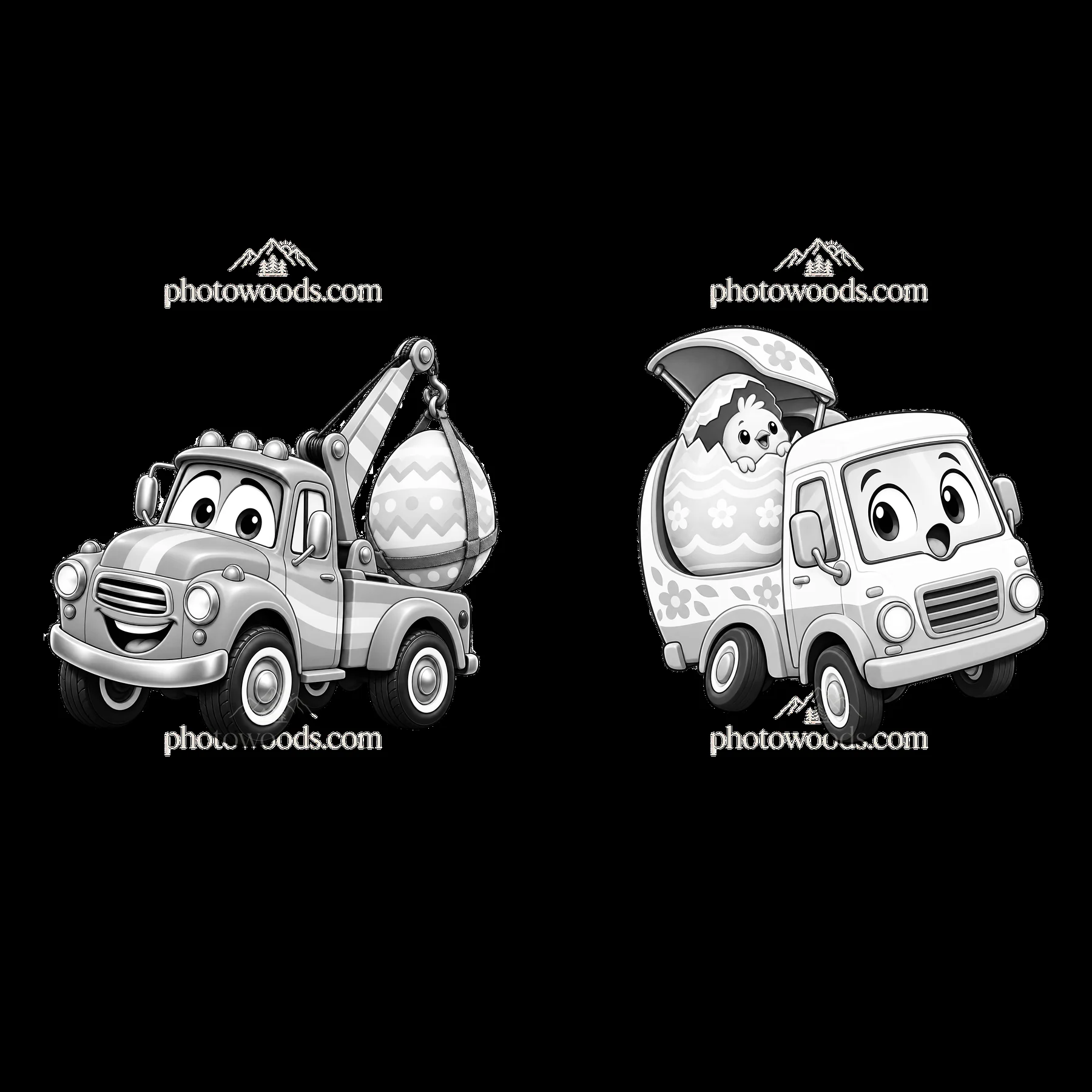 Easter-themed cartoon trucks with eggs and a bunny character - AI-generated stock image