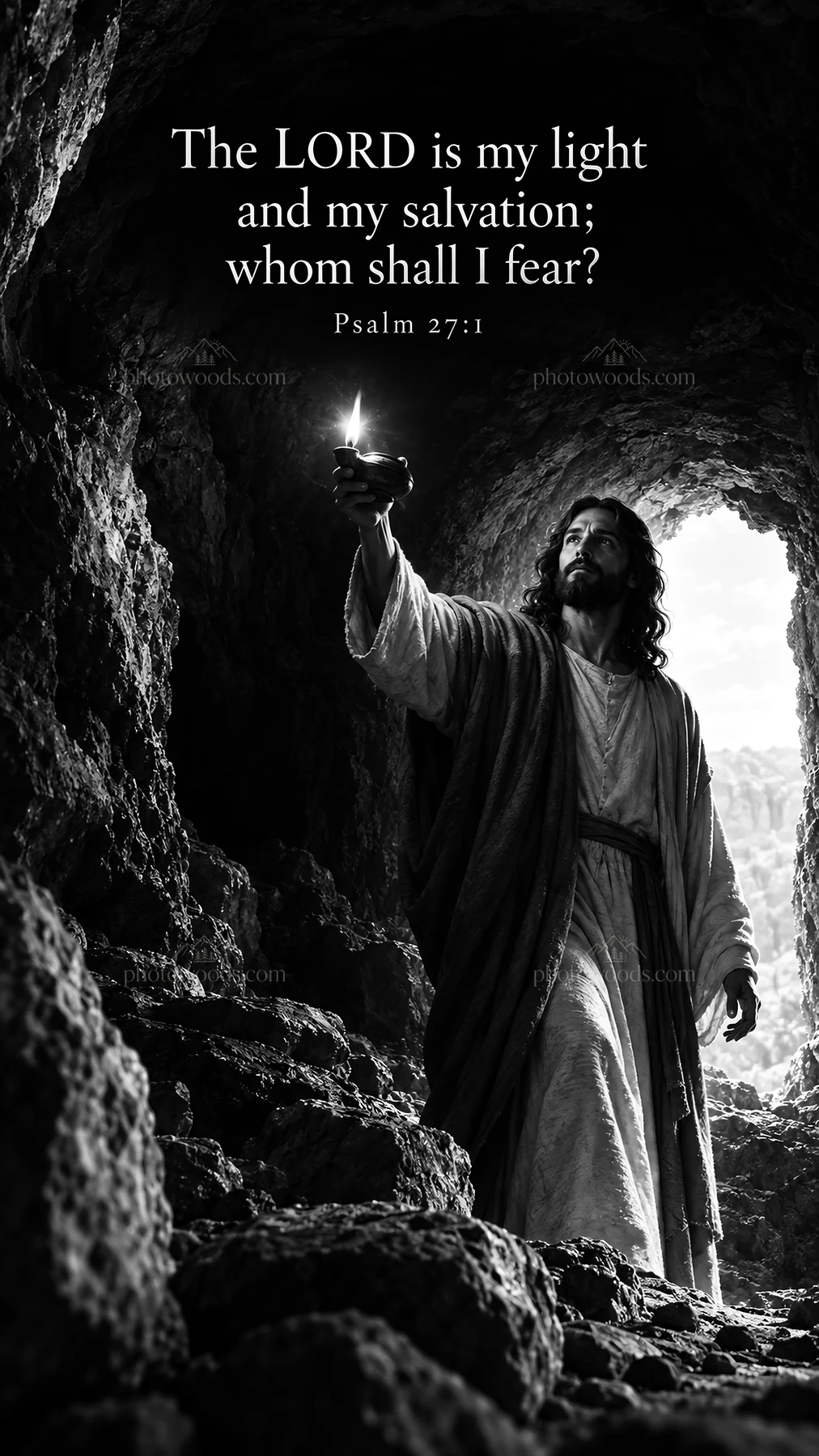 Jesus Christ holding a light in a cave - AI-generated stock image