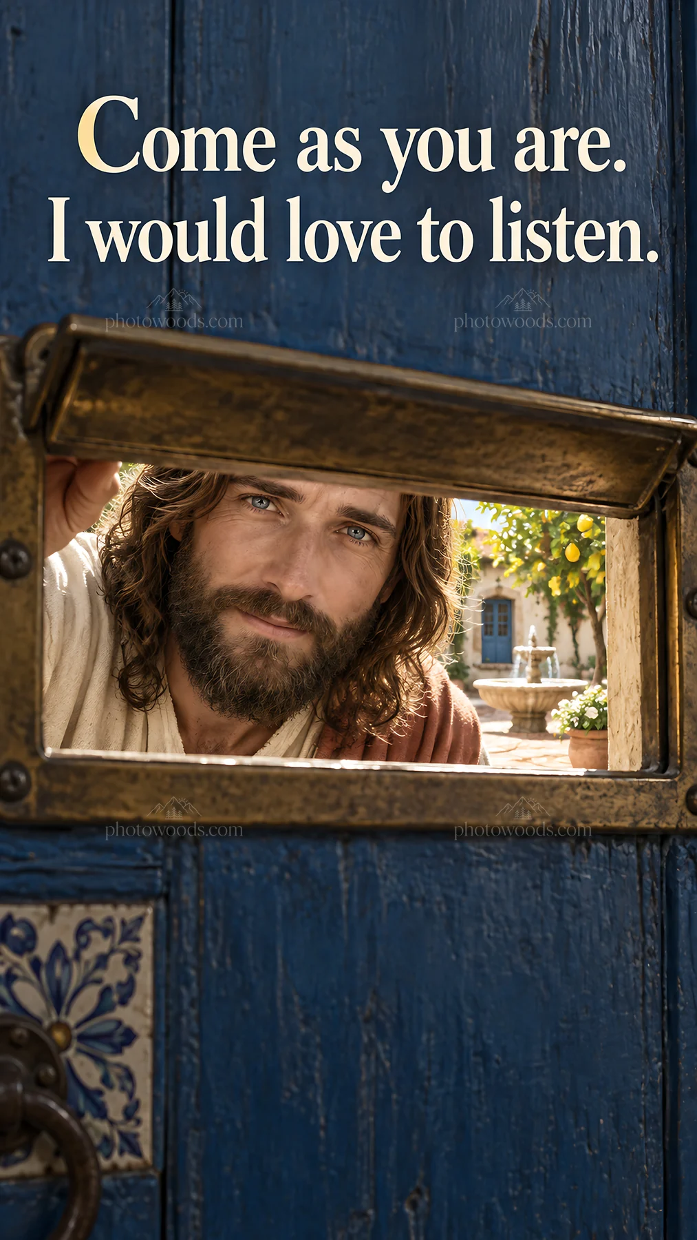 Jesus Christ welcoming the viewer at a door - AI-generated stock image