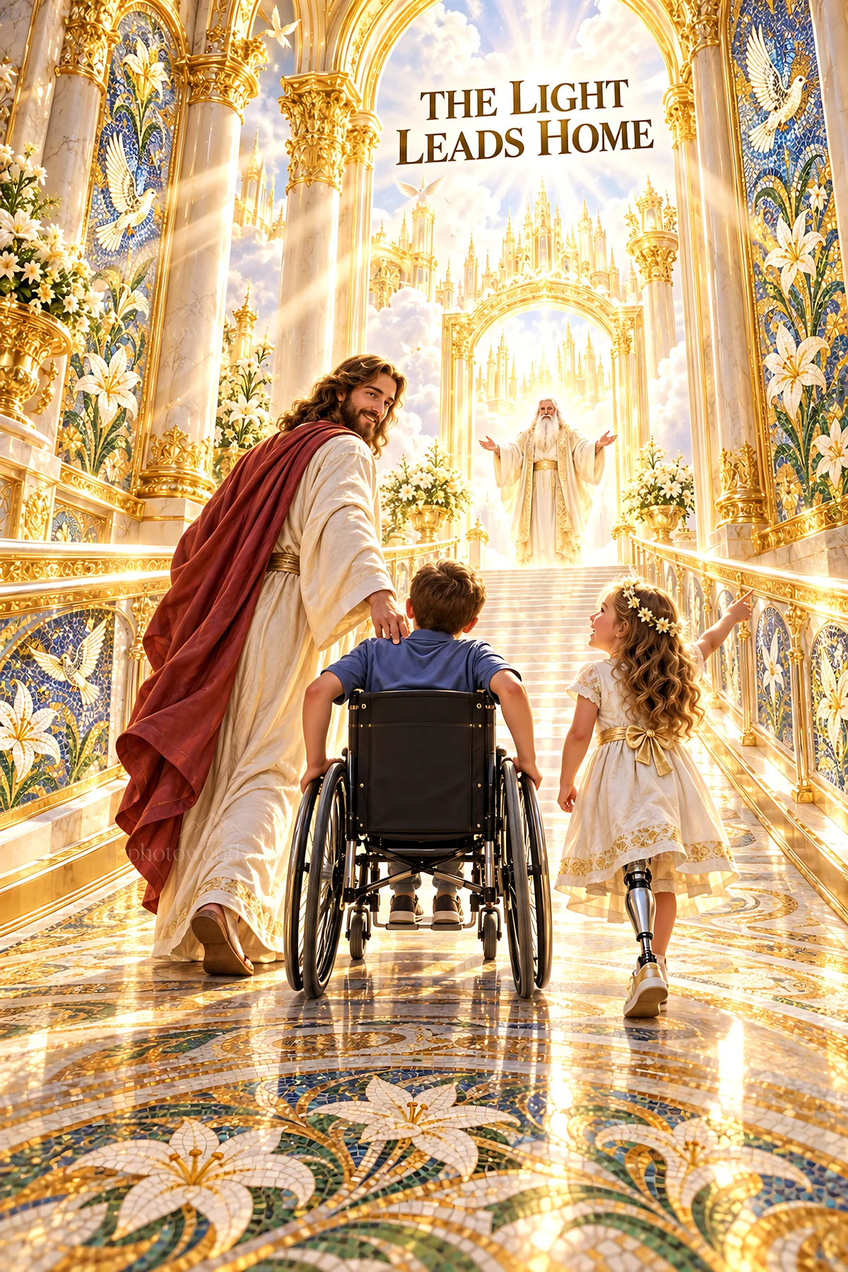 Jesus Christ leads children to the heavenly home - AI-generated stock image