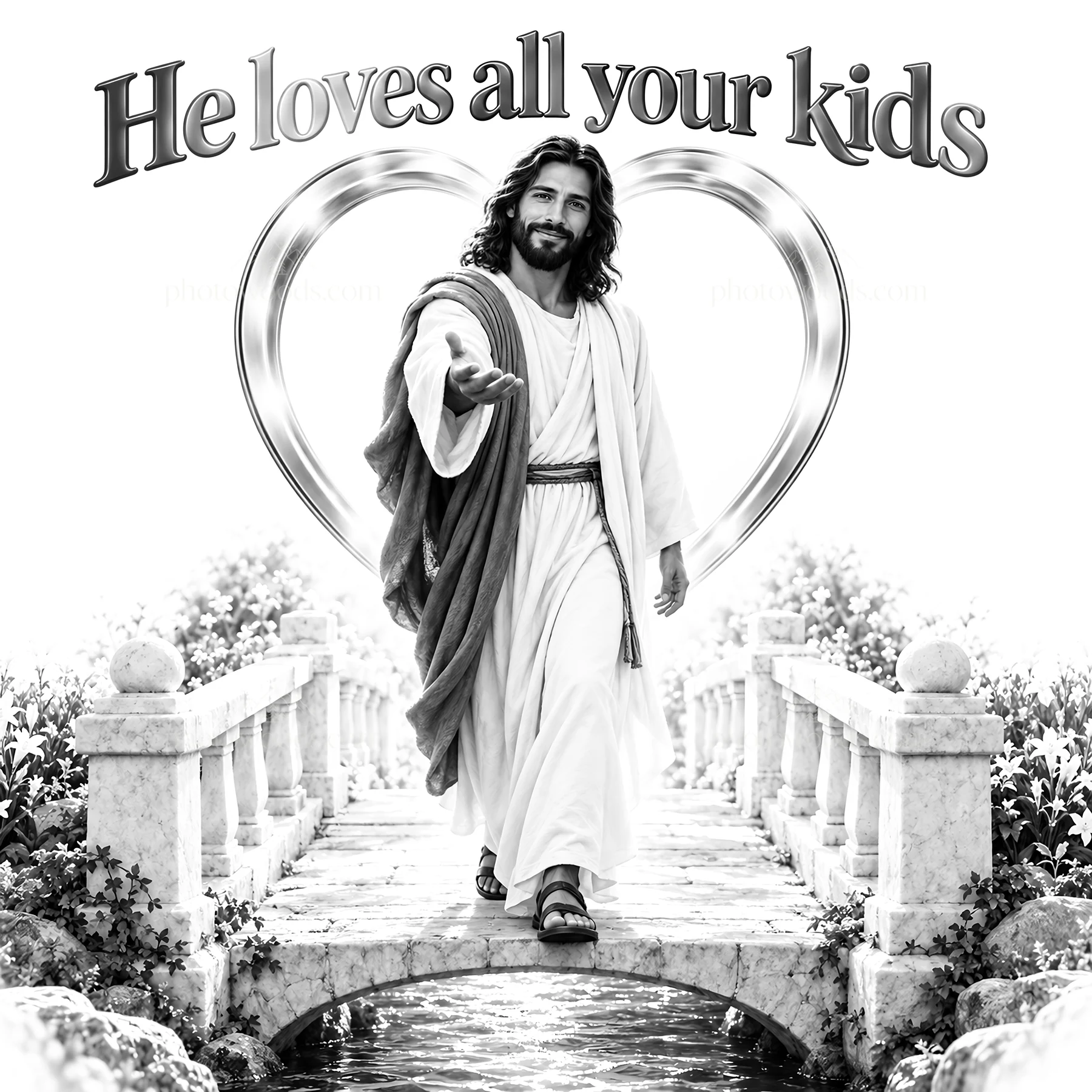 Jesus Christ inviting viewers with open arms on a bridge - AI-generated stock image
