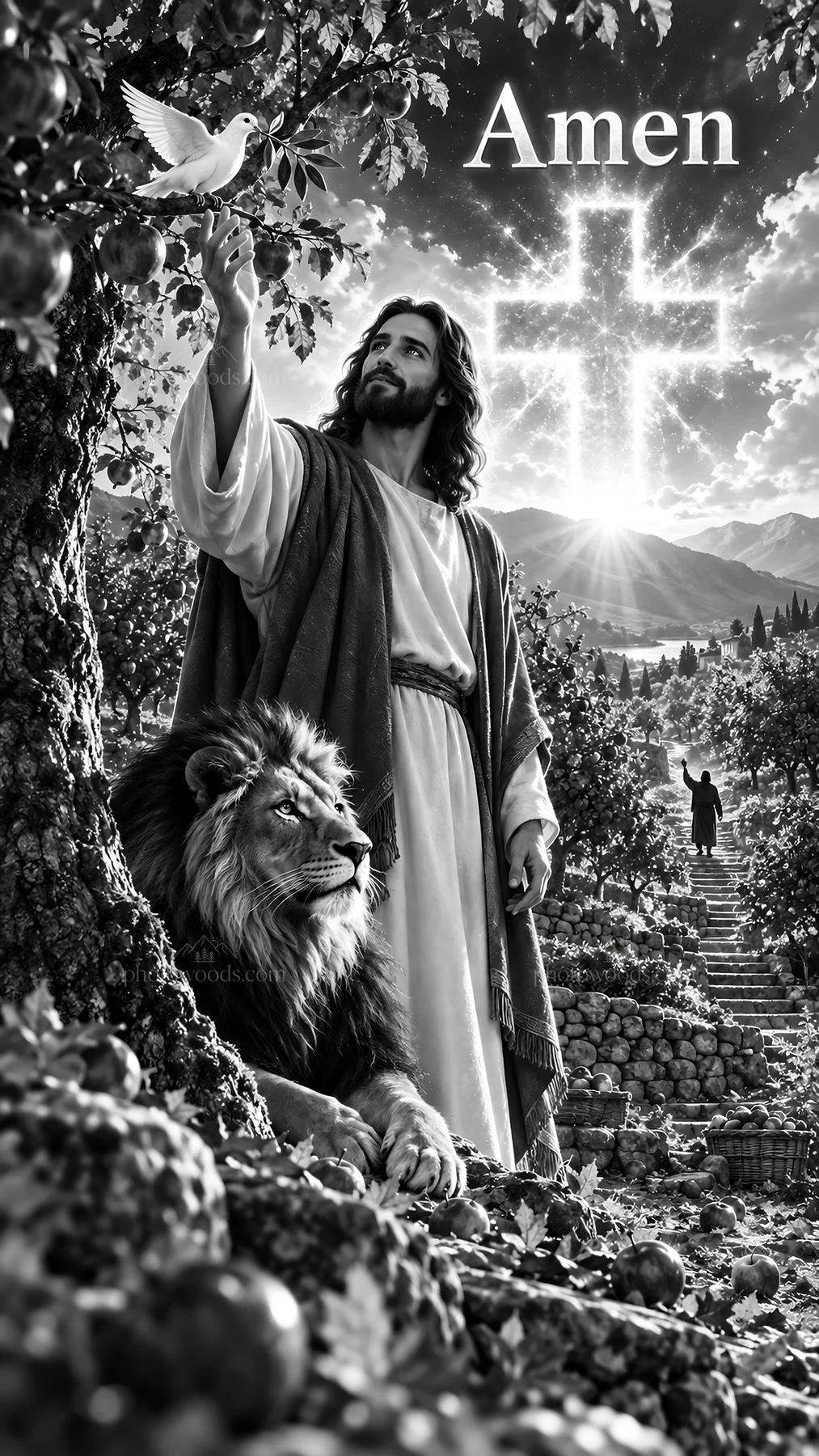 Jesus Christ greeting a dove under a tree - AI-generated stock image