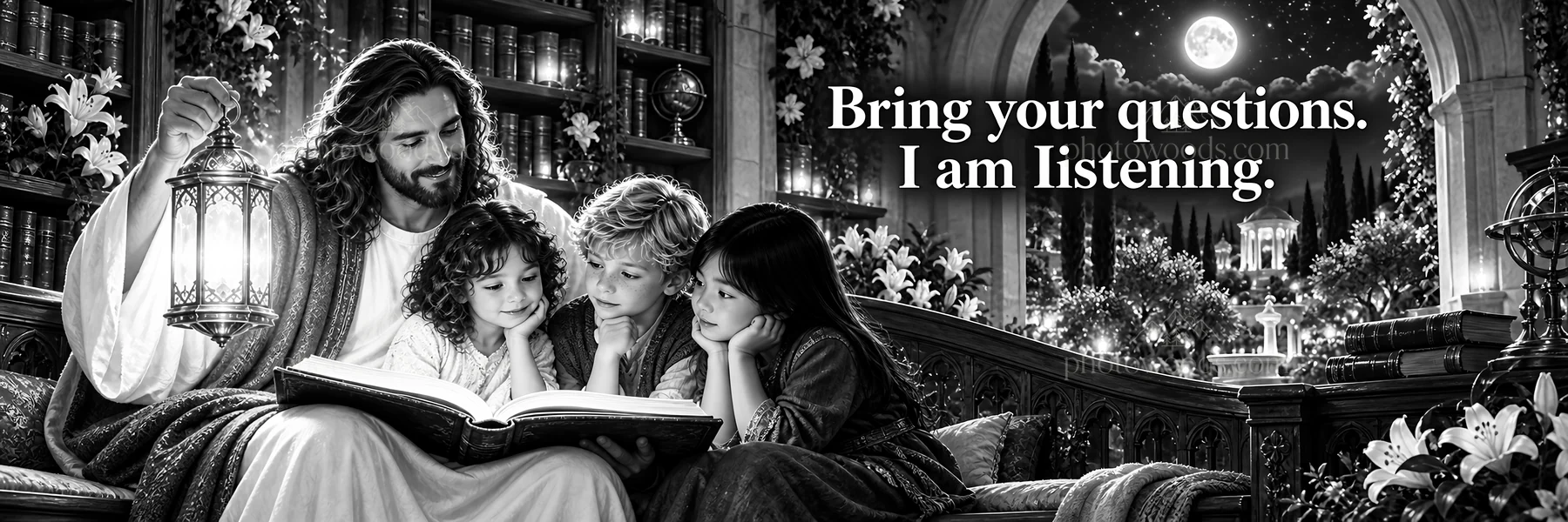 Jesus Christ reading to children and inviting questions - AI-generated stock image