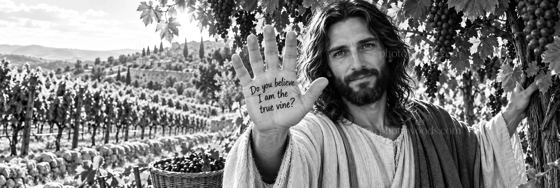 Jesus Christ shares a message among the vineyards - AI-generated stock image