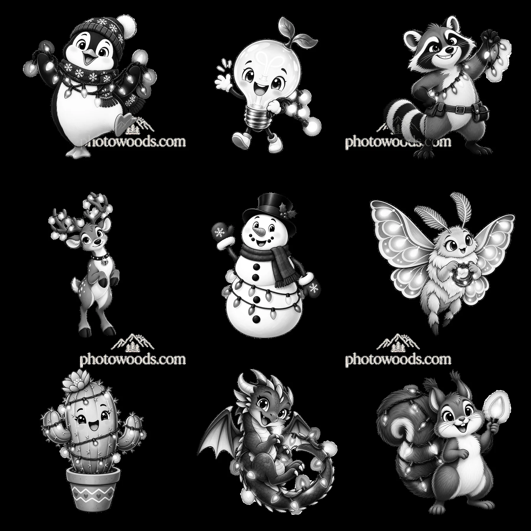 Cartoon characters celebrating around string lights in a grid - AI-generated stock image
