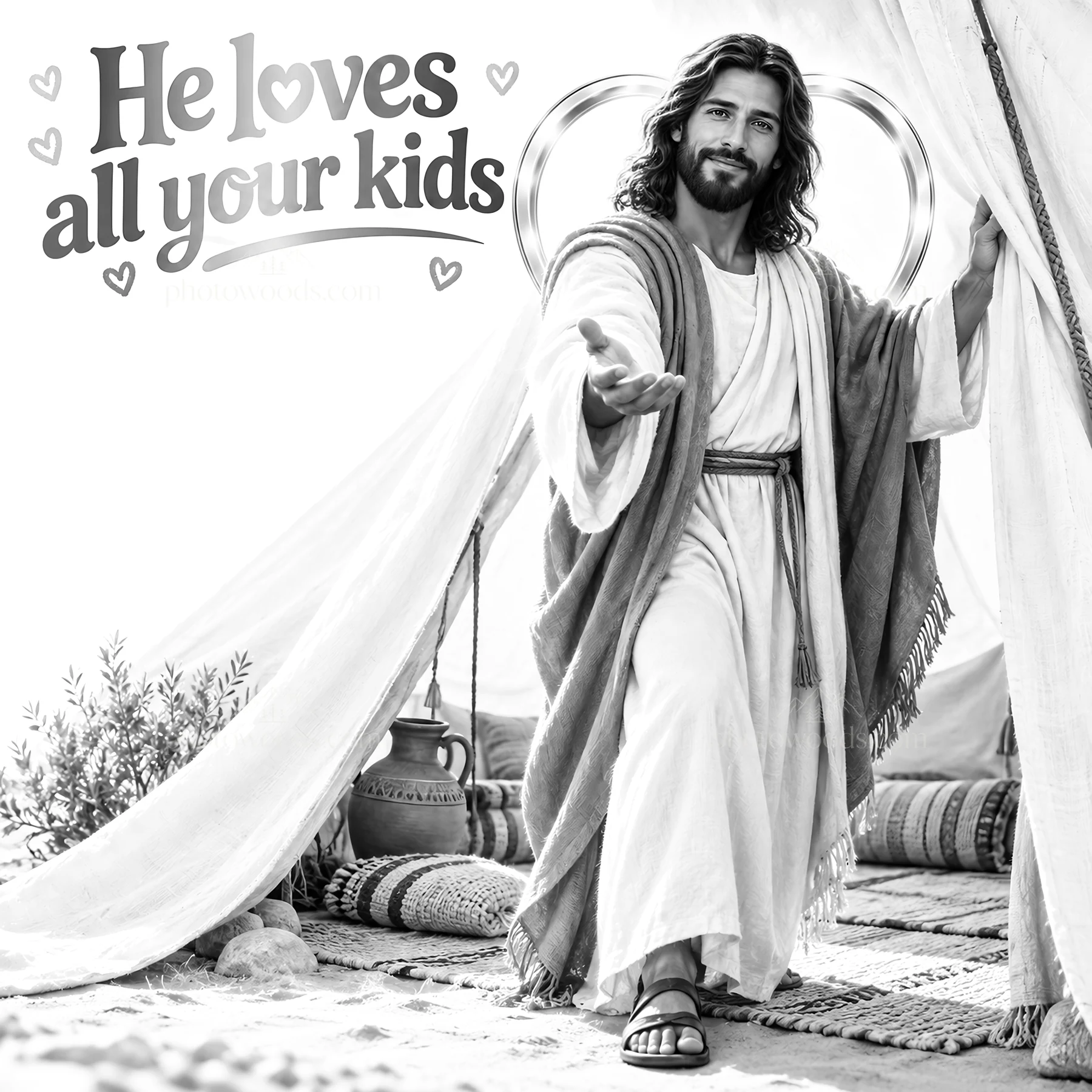 Jesus Christ welcoming children in a contemporary setting - AI-generated stock image