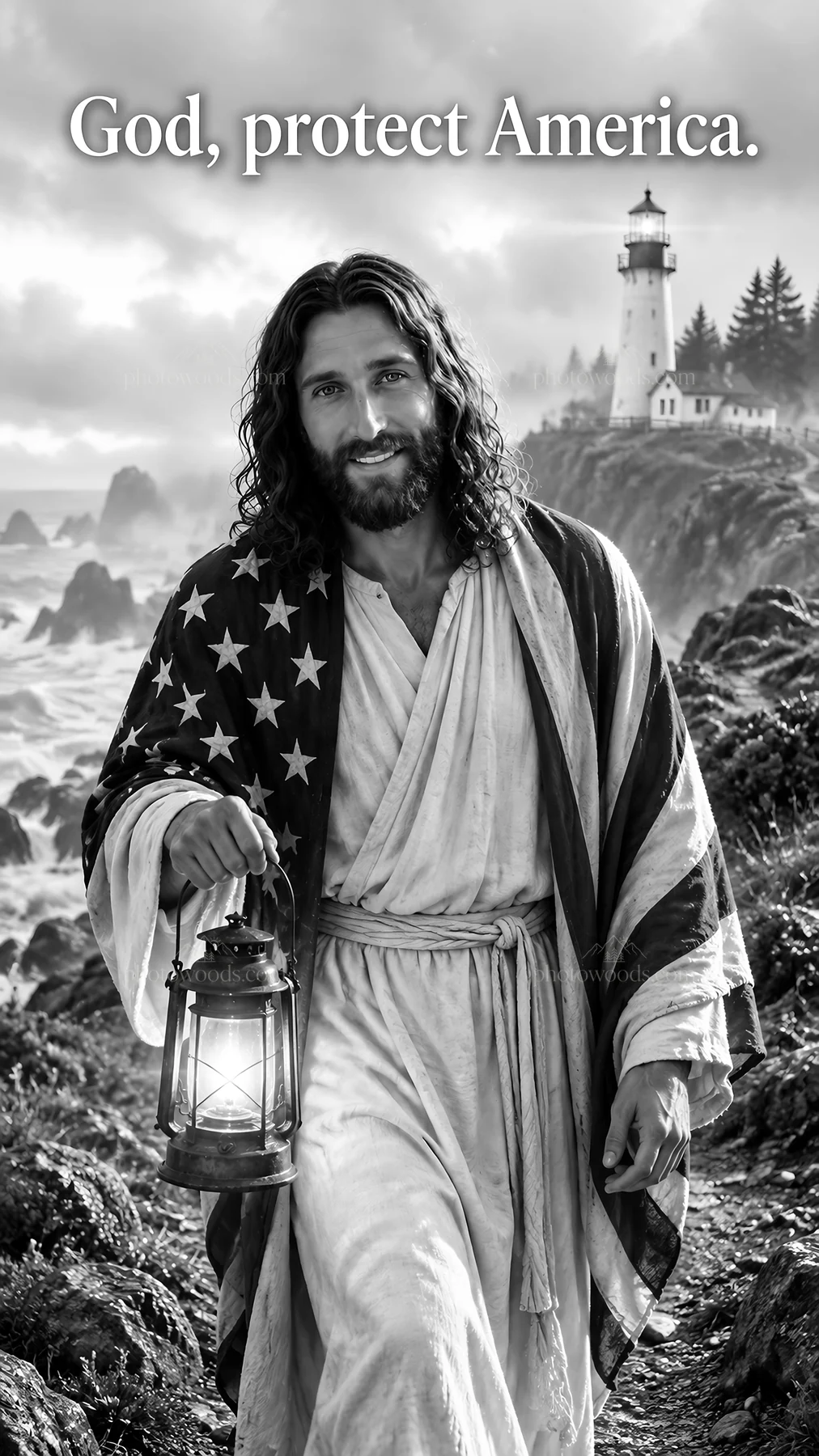 Jesus Christ carrying a lantern in a coastal setting - AI-generated stock image