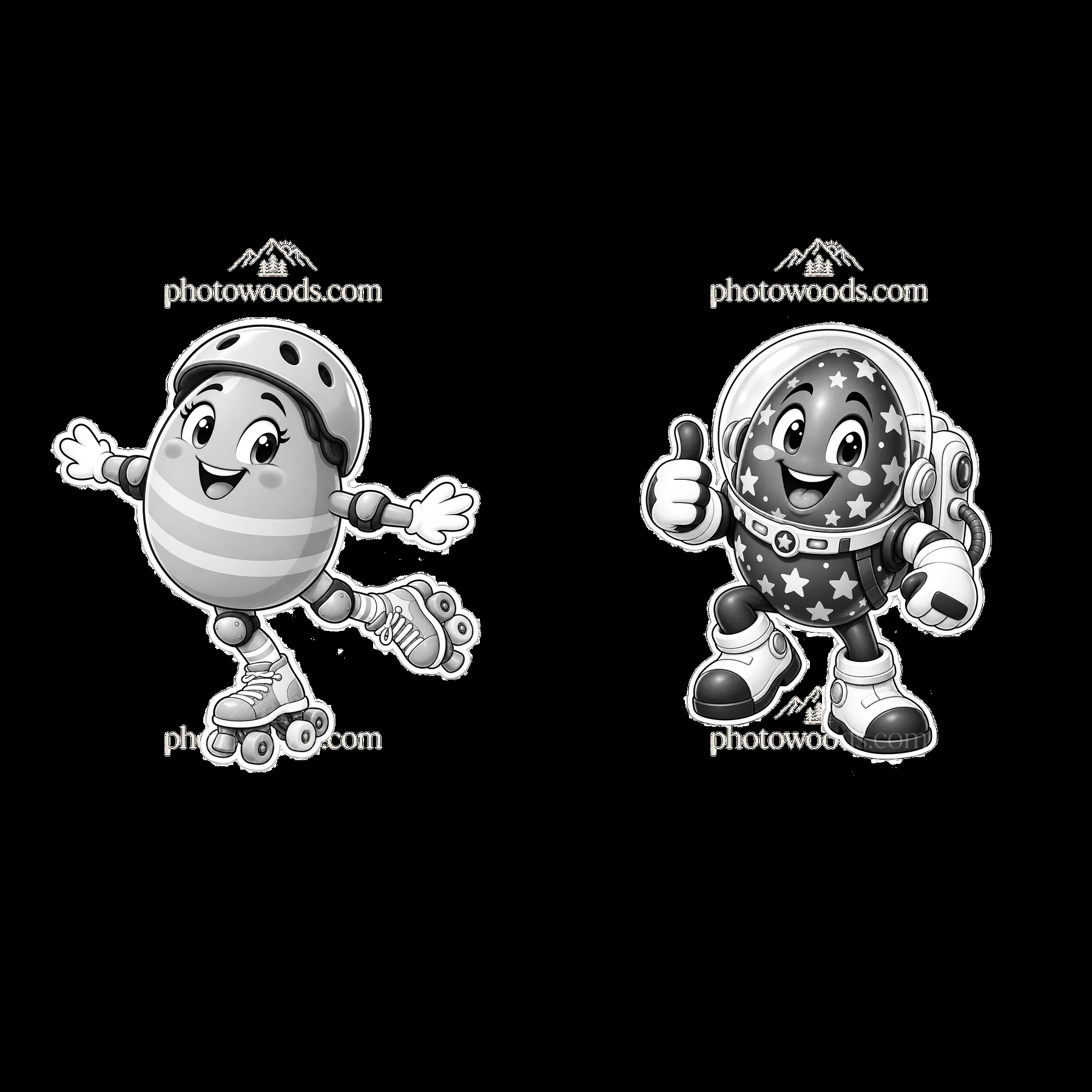 Monochrome two isolated cartoon figure stickers - AI-generated stock image