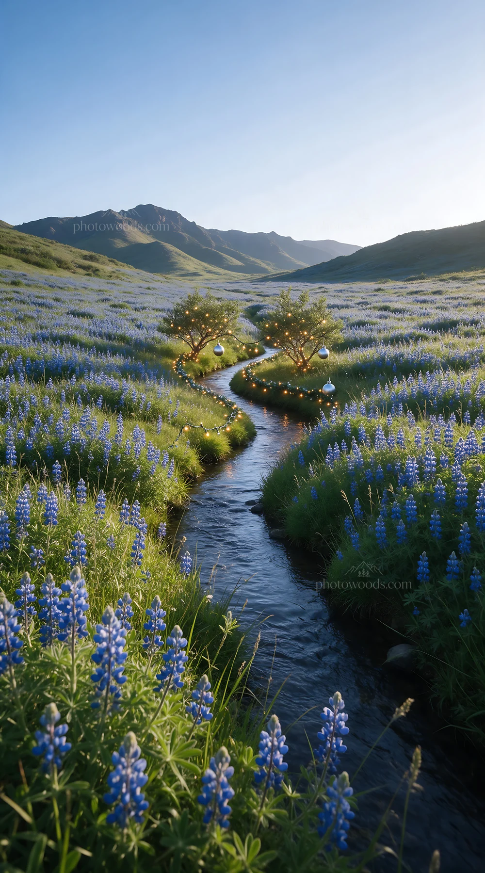 Christmas ornaments along stream in meadow - AI-generated stock image