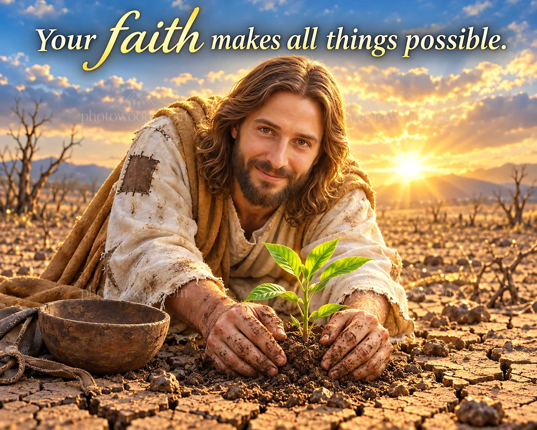 Jesus Christ nurturing new life in a barren landscape - AI-generated stock image