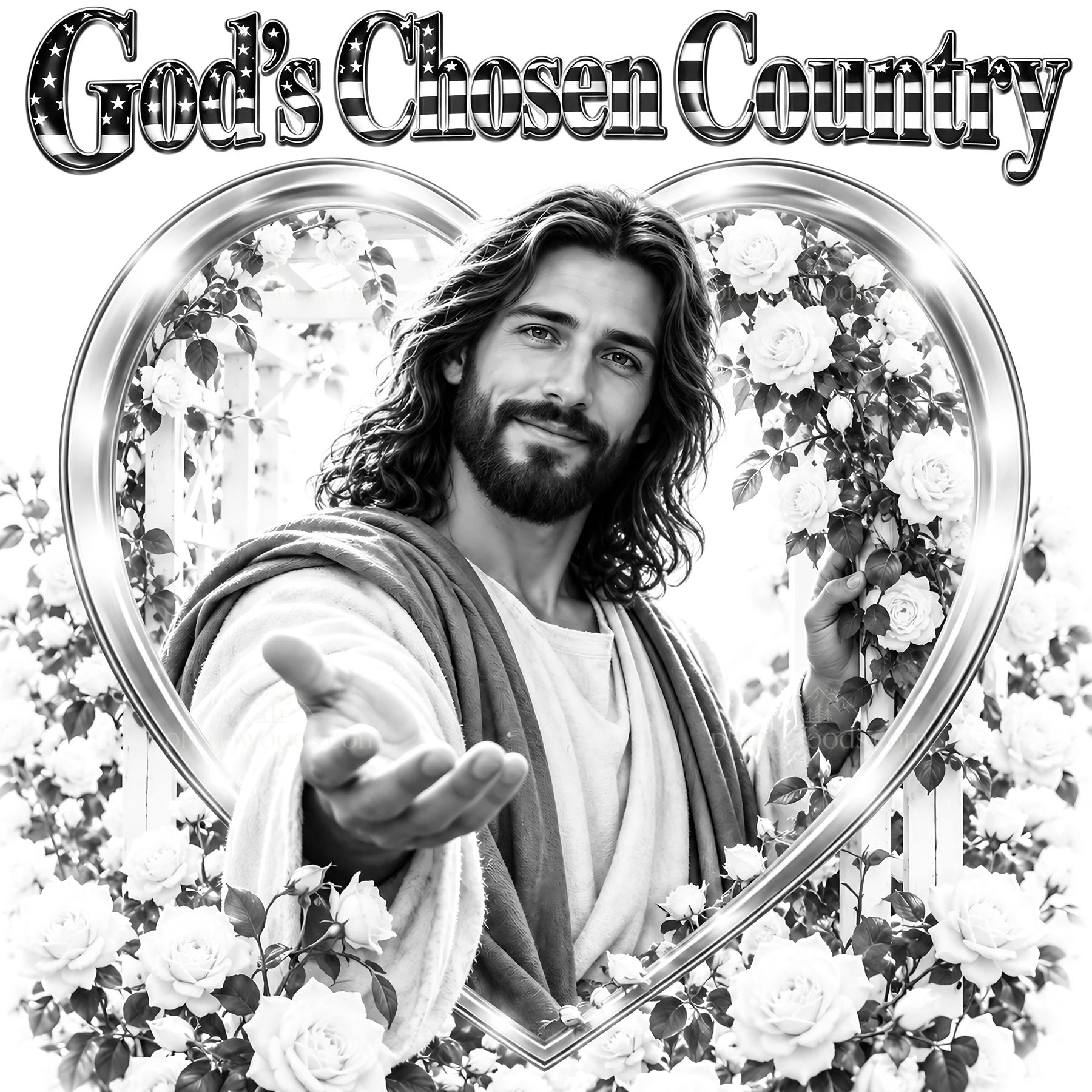 Jesus Christ welcoming viewers in a garden of roses - AI-generated stock image