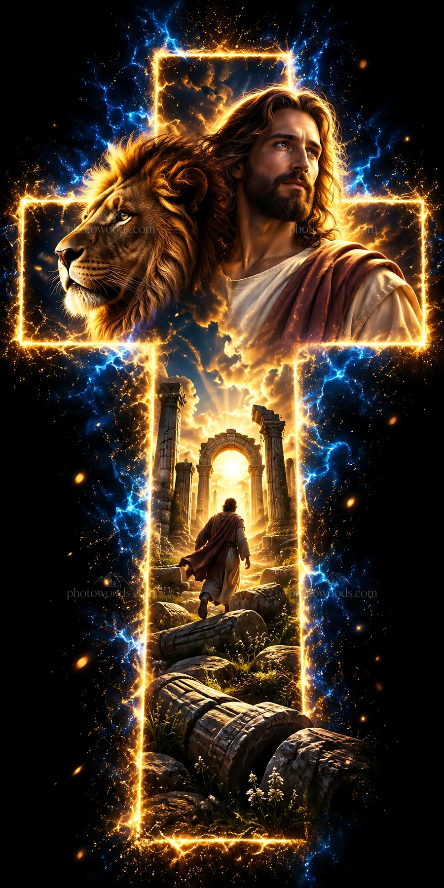 Jesus Christ with a lion and a path leading to a bright light - AI-generated stock image