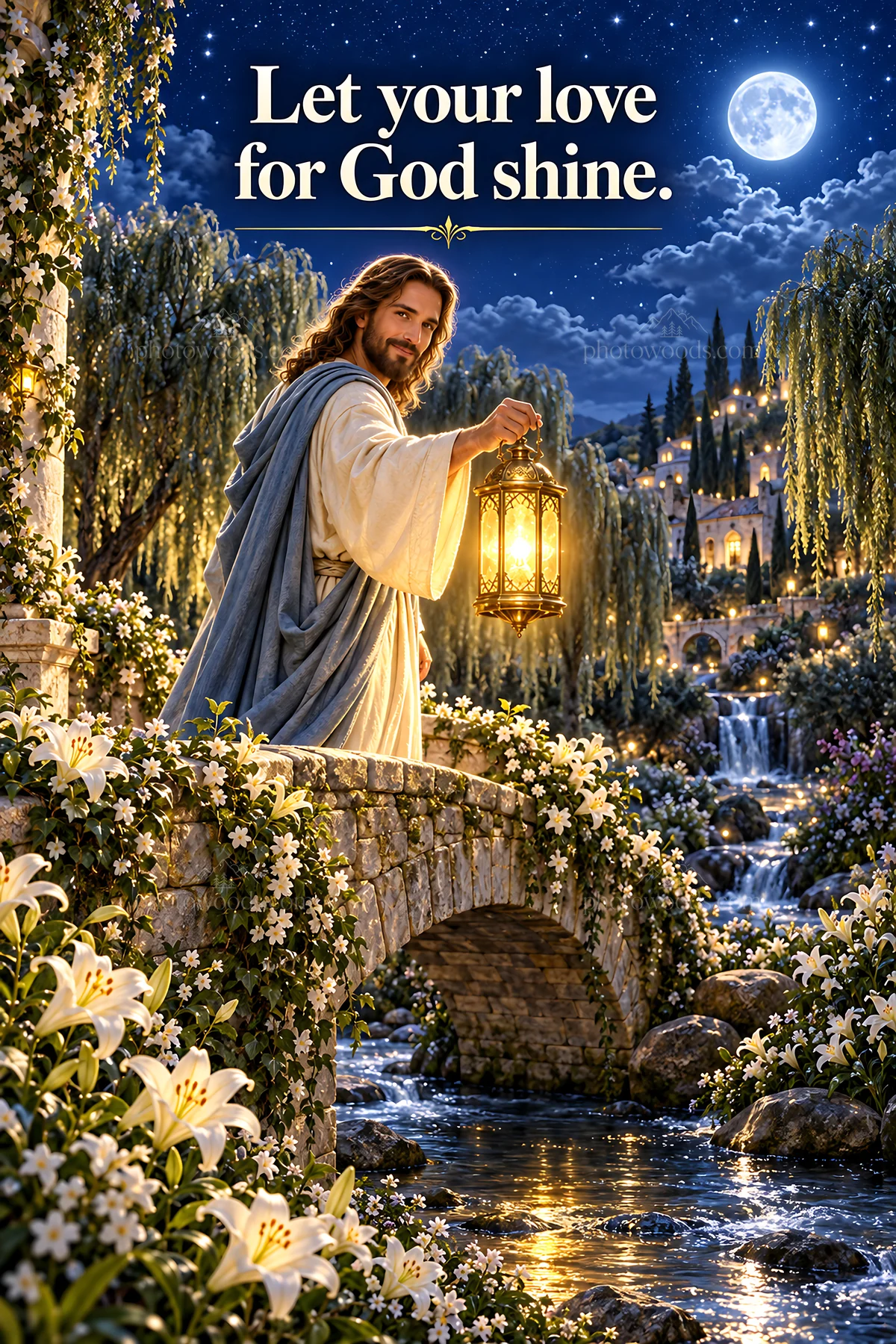 Jesus Christ carrying a lantern in a serene garden scene - AI-generated stock image
