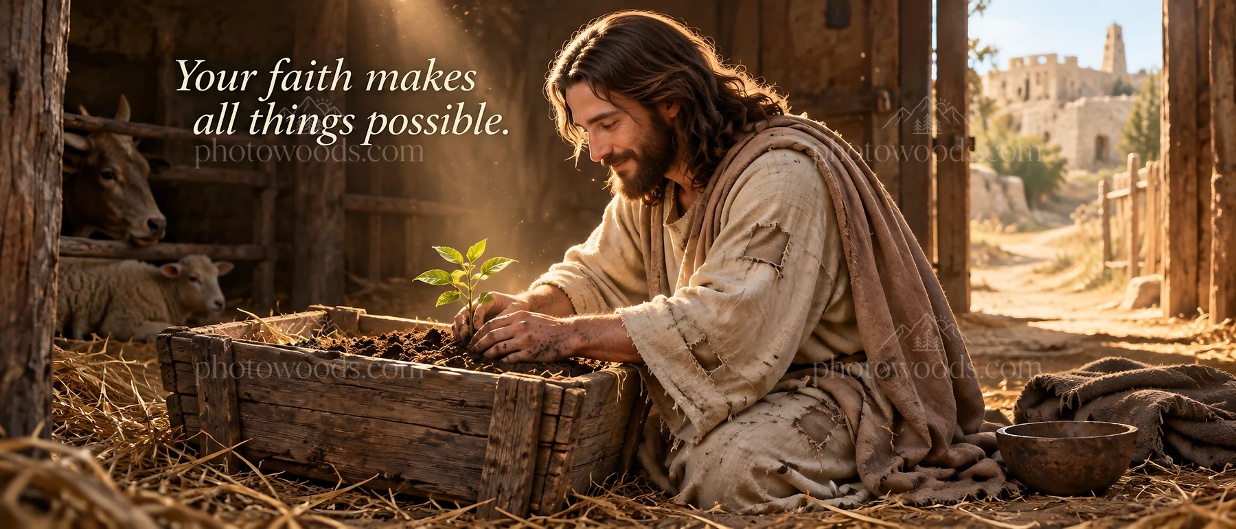 Jesus Christ planting a seed in the garden - AI-generated stock image