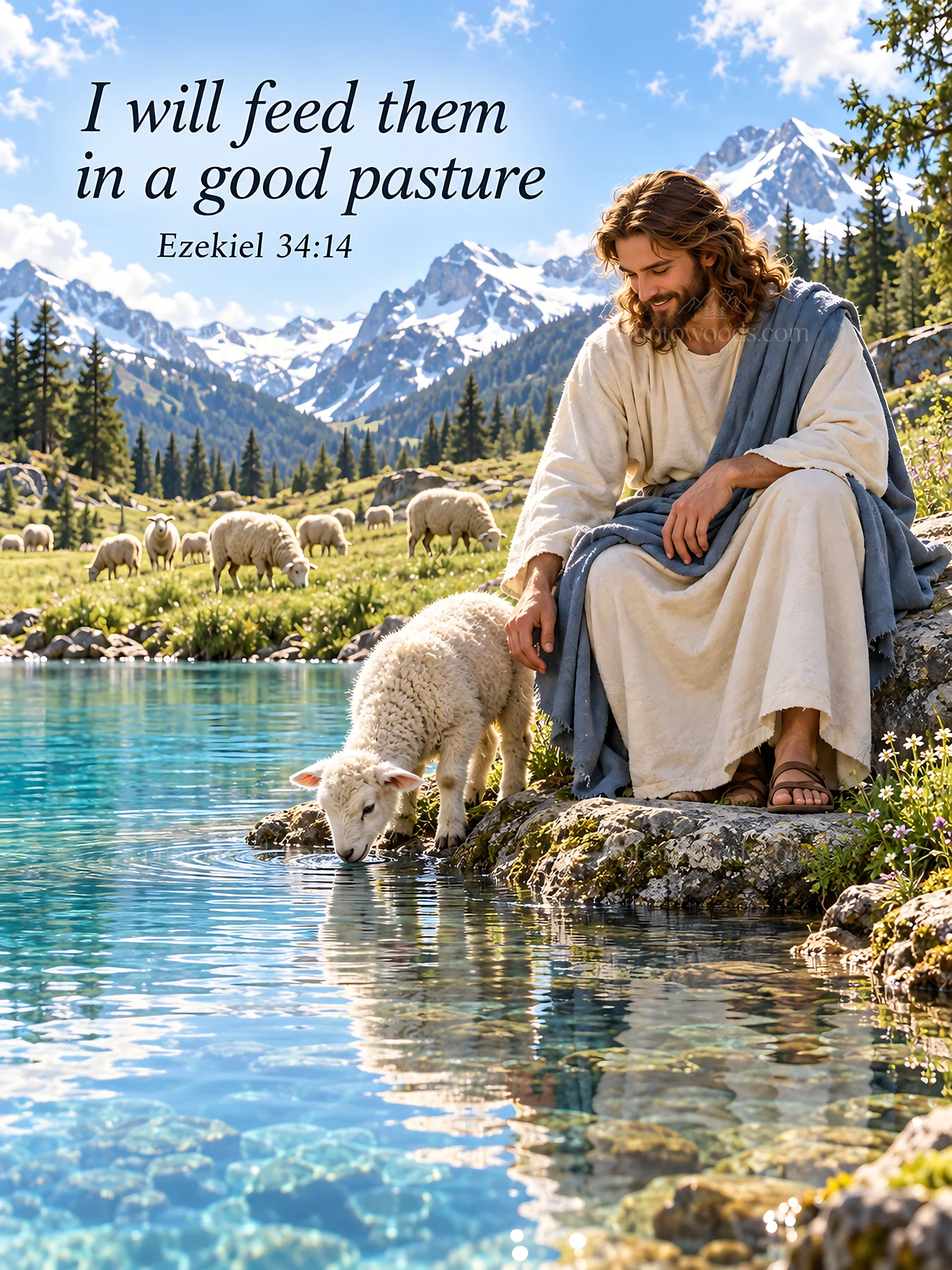 Jesus Christ feeding a lamb by a clear lake - AI-generated stock image
