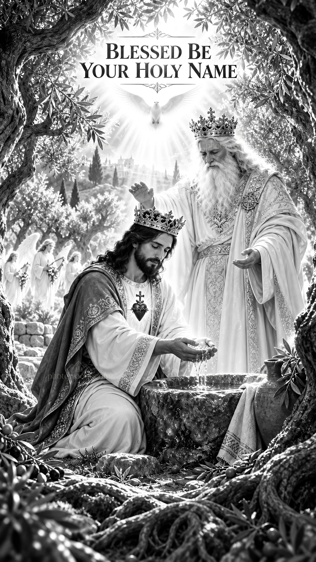Jesus Christ blessing with a symbolic gesture in a serene setting - AI-generated stock image