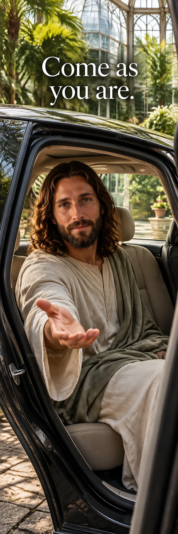 Jesus Christ inviting viewers to come as they are - AI-generated stock image