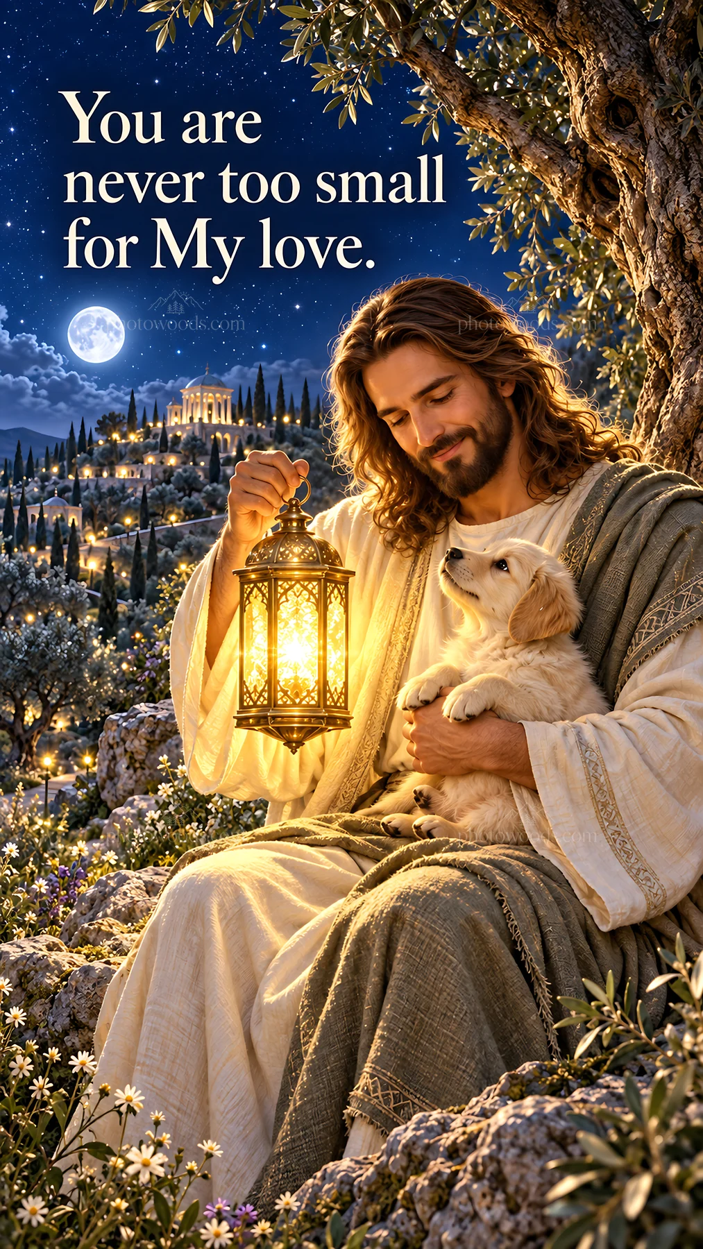 Jesus Christ with a lantern and a dog in a serene landscape - AI-generated stock image