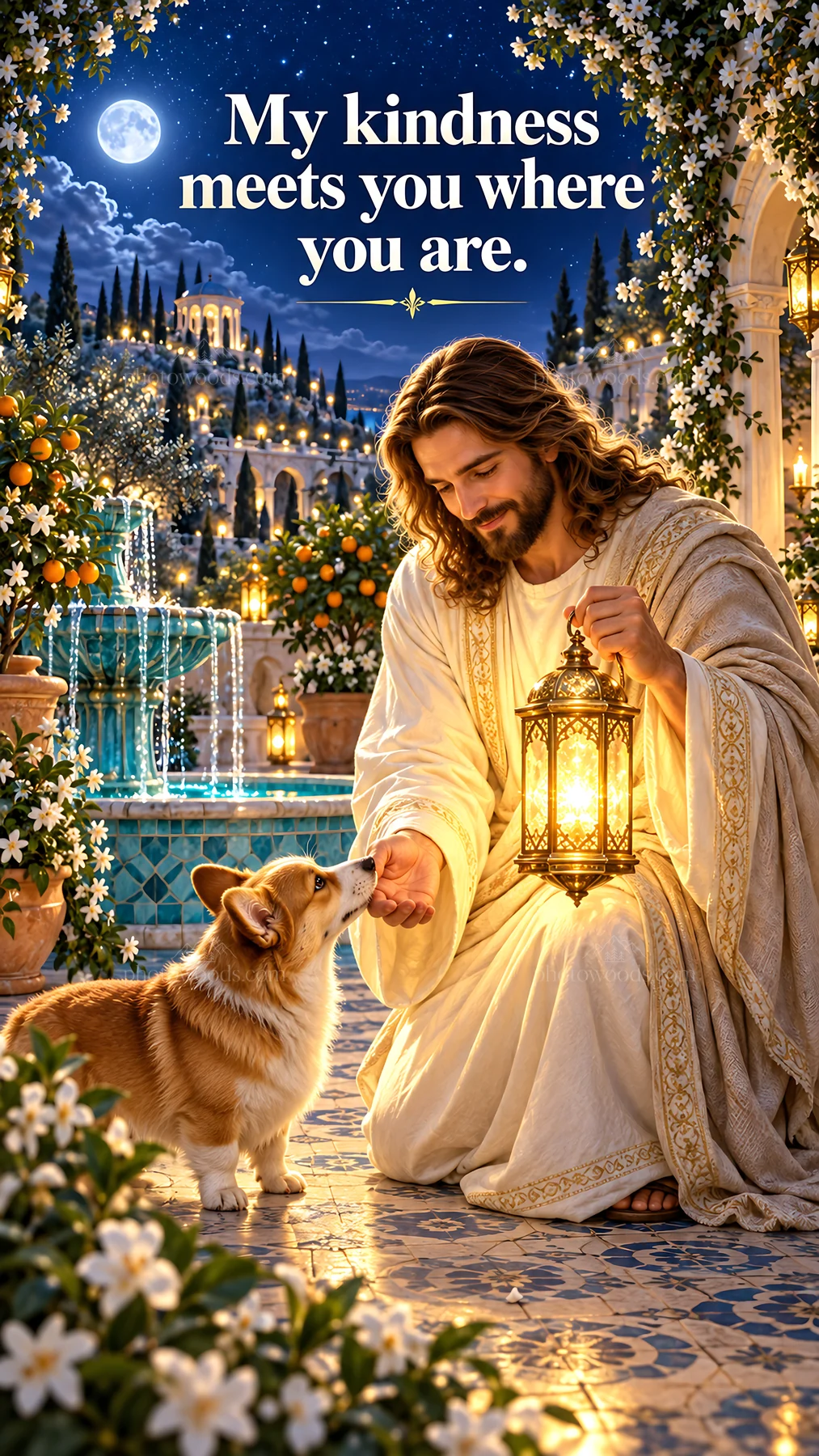 Jesus Christ shows kindness to a dog in a beautiful garden - AI-generated stock image