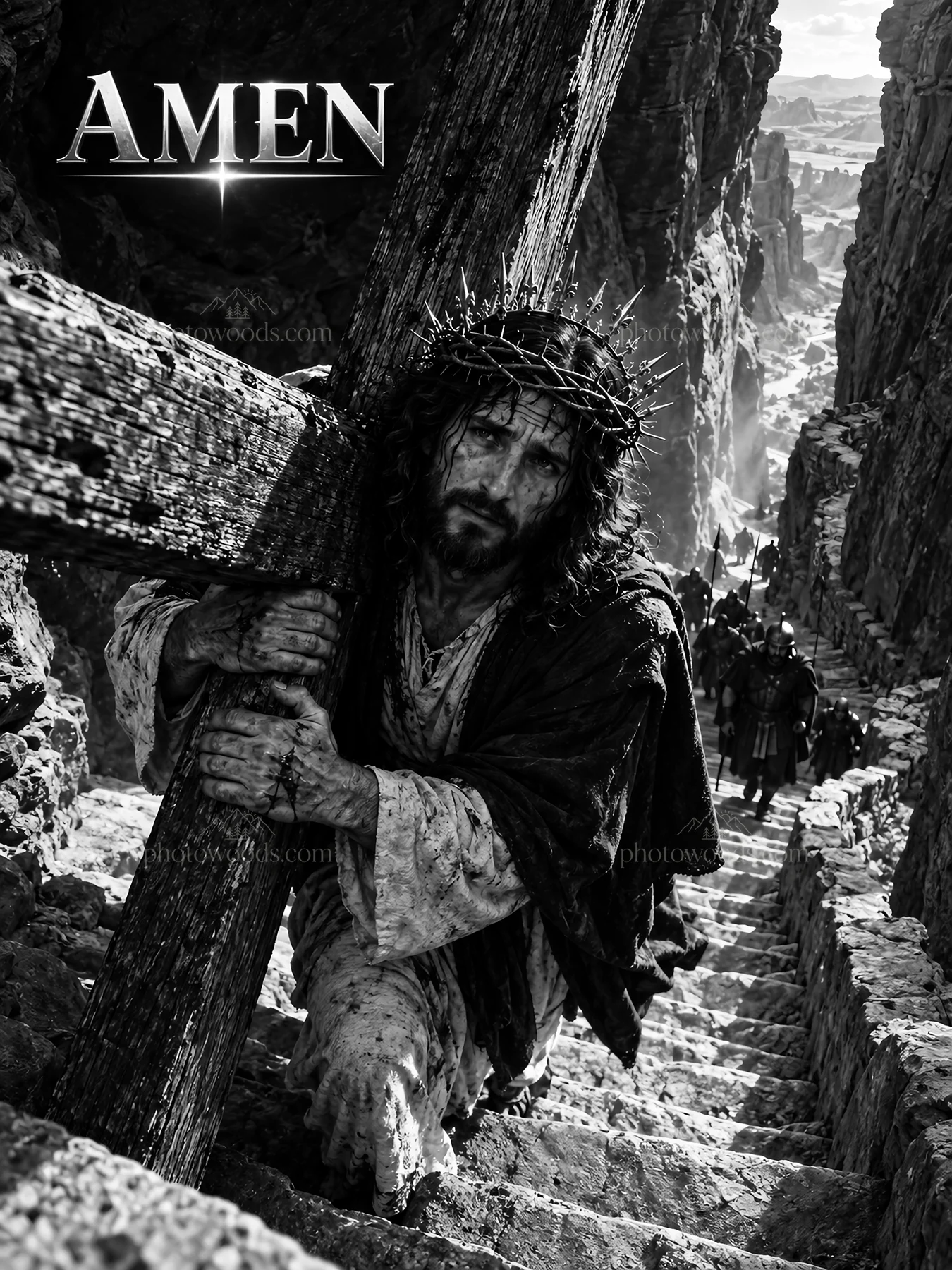 Jesus Christ carries the cross up the hill - AI-generated stock image
