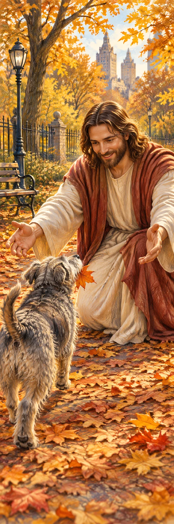 Jesus Christ welcoming a dog in a colorful autumn park - AI-generated stock image