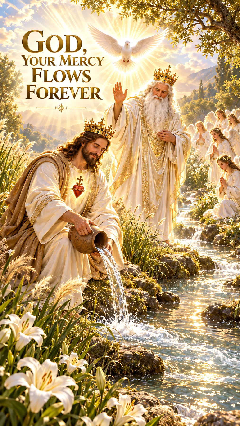 Jesus Christ pouring water in a serene garden setting - AI-generated stock image