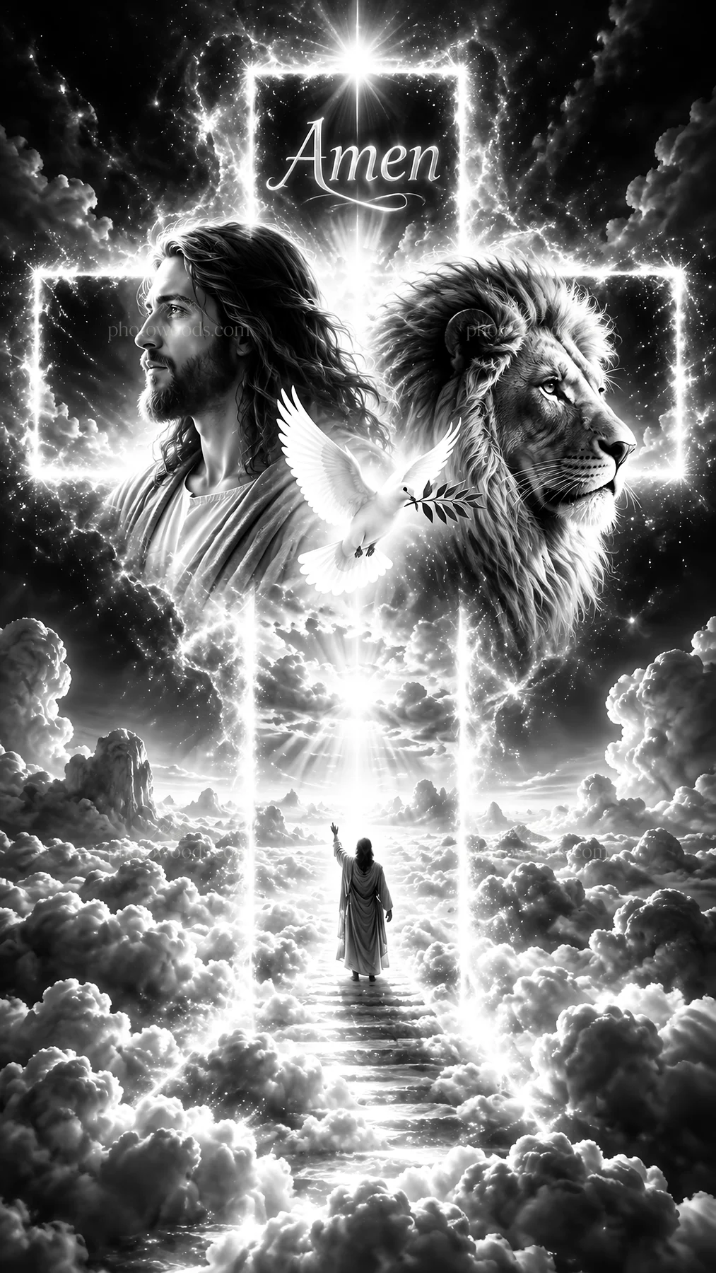 Jesus Christ with Lion and Dove in heavenly scene - AI-generated stock image